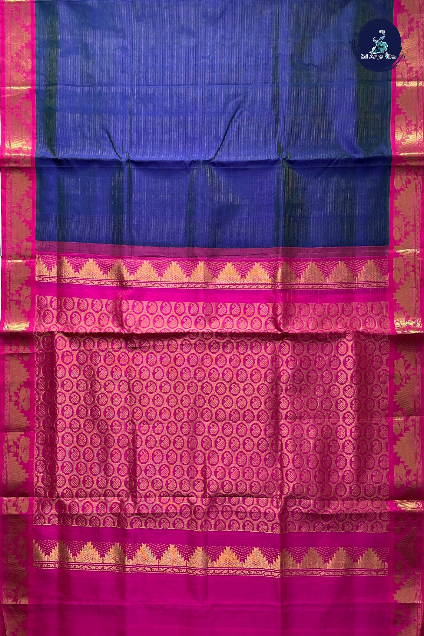 Peacock Blue Vaira Oosi Silk Cotton Saree With Vaira Oosi Pattern
