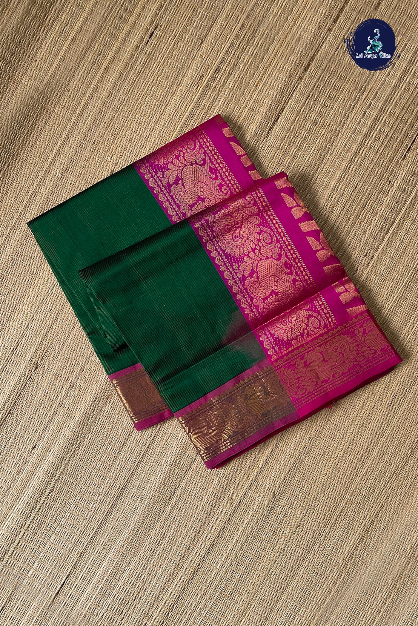Dark Green Vaira Oosi Silk Cotton Saree With Vaira Oosi Pattern