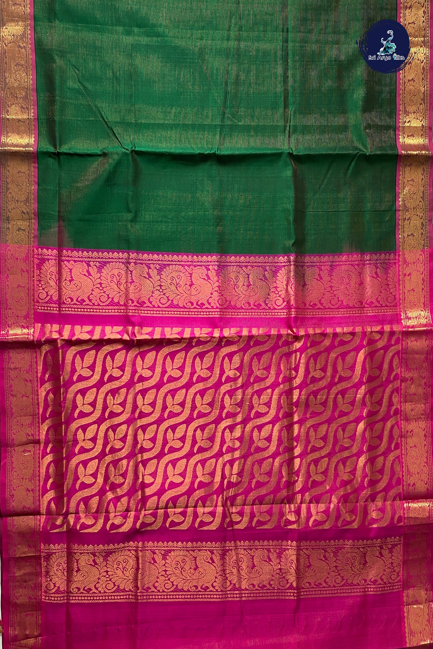 Dark Green Vaira Oosi Silk Cotton Saree With Vaira Oosi Pattern