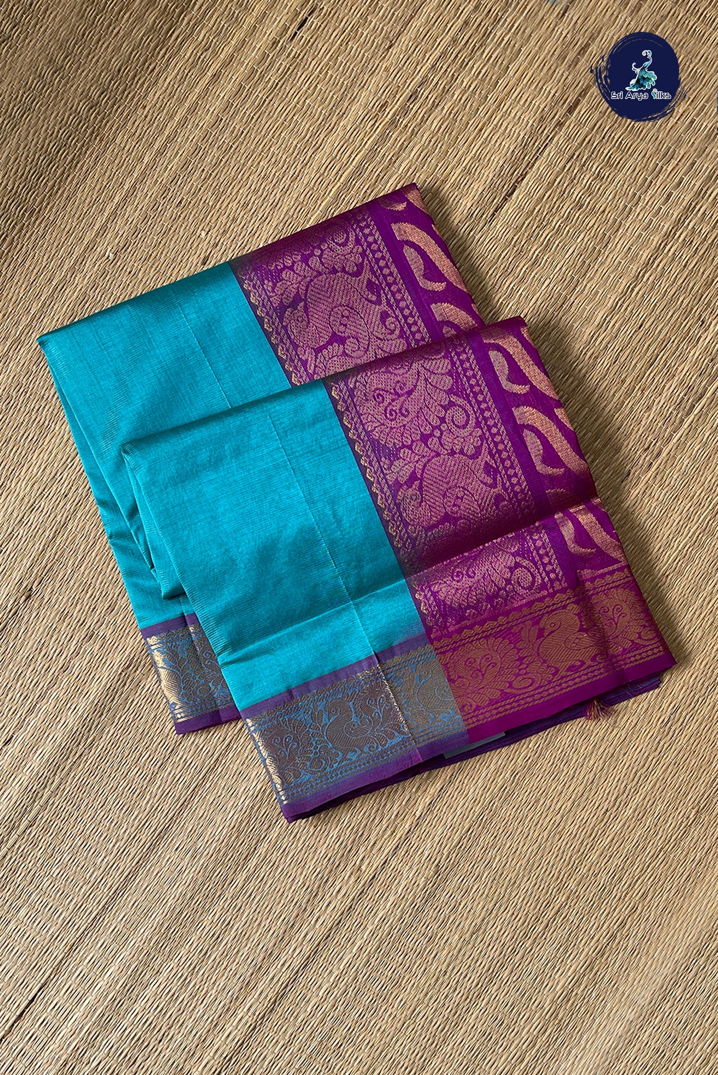 Sea Blue Vaira Oosi Silk Cotton Saree With Vaira Oosi Pattern