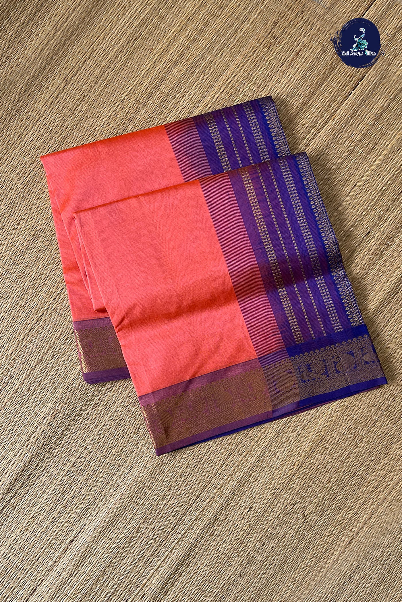 Light Orange Vaira Oosi Silk Cotton Saree With Vaira Oosi Pattern