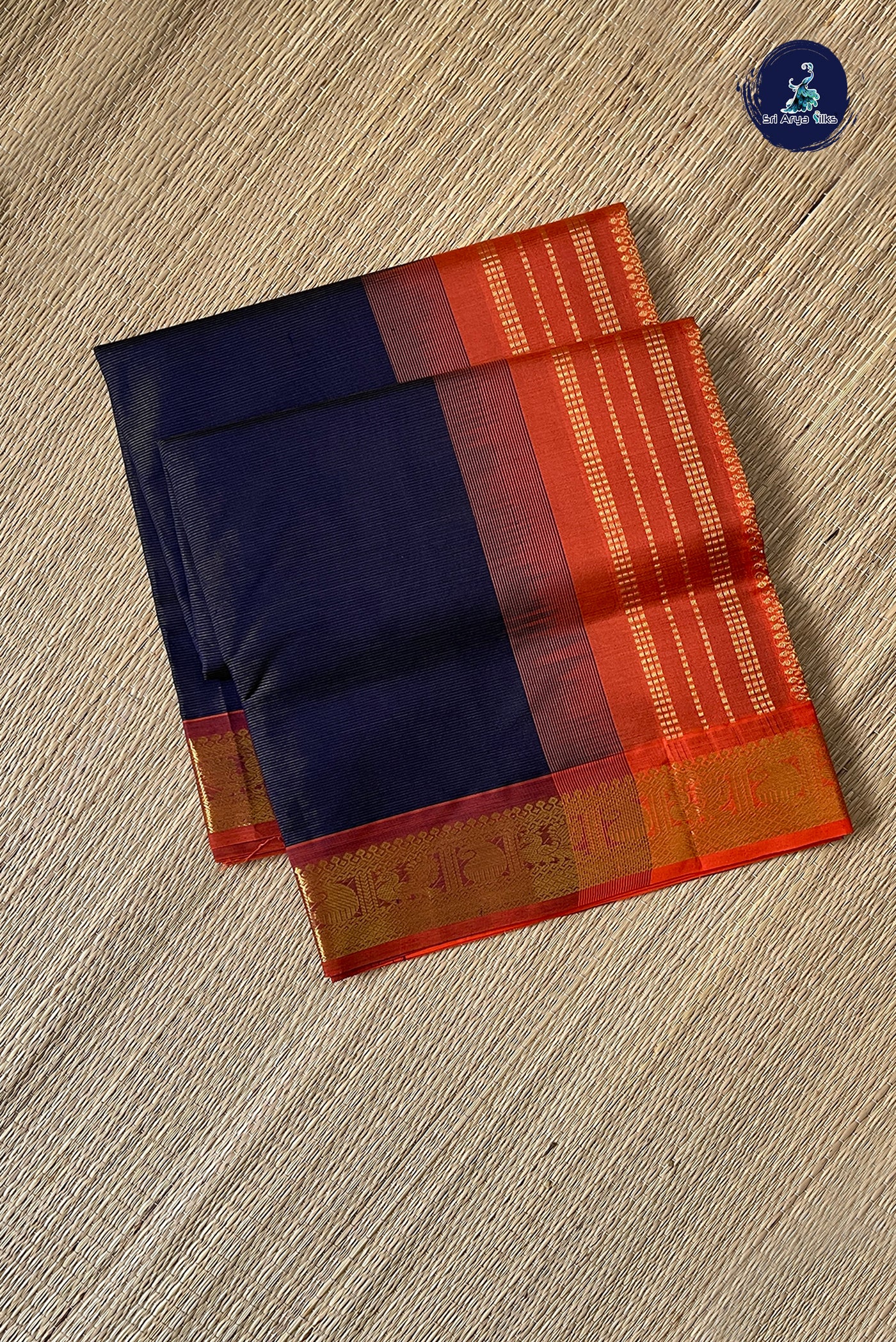 Navy Blue Vaira Oosi Silk Cotton Saree With Vaira Oosi Pattern