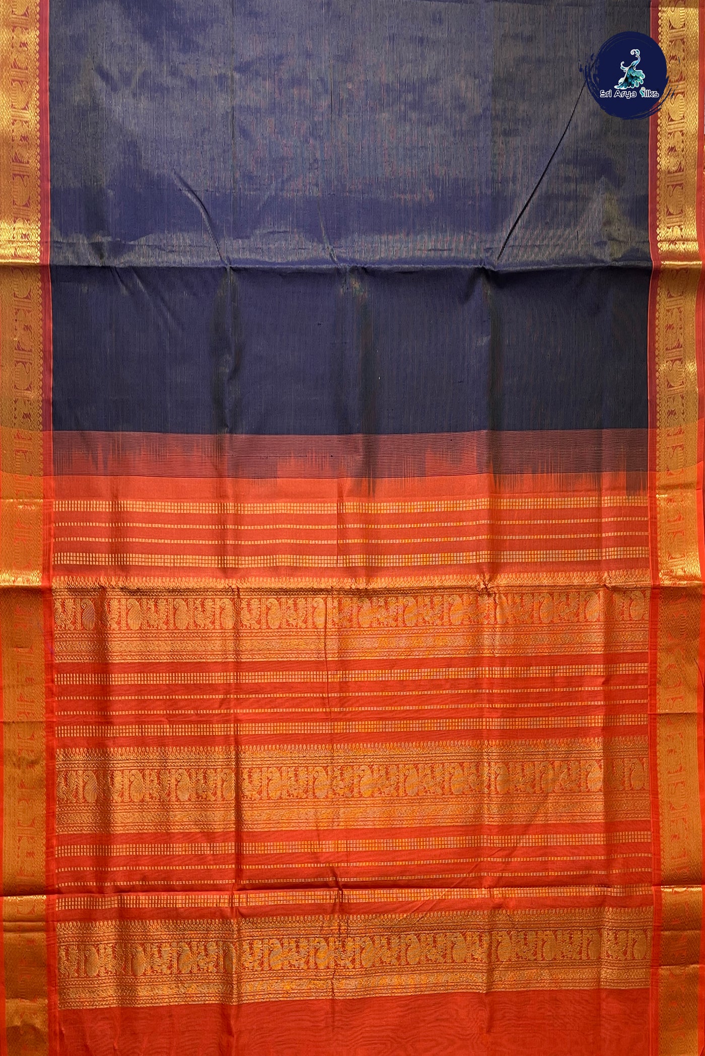 Navy Blue Vaira Oosi Silk Cotton Saree With Vaira Oosi Pattern