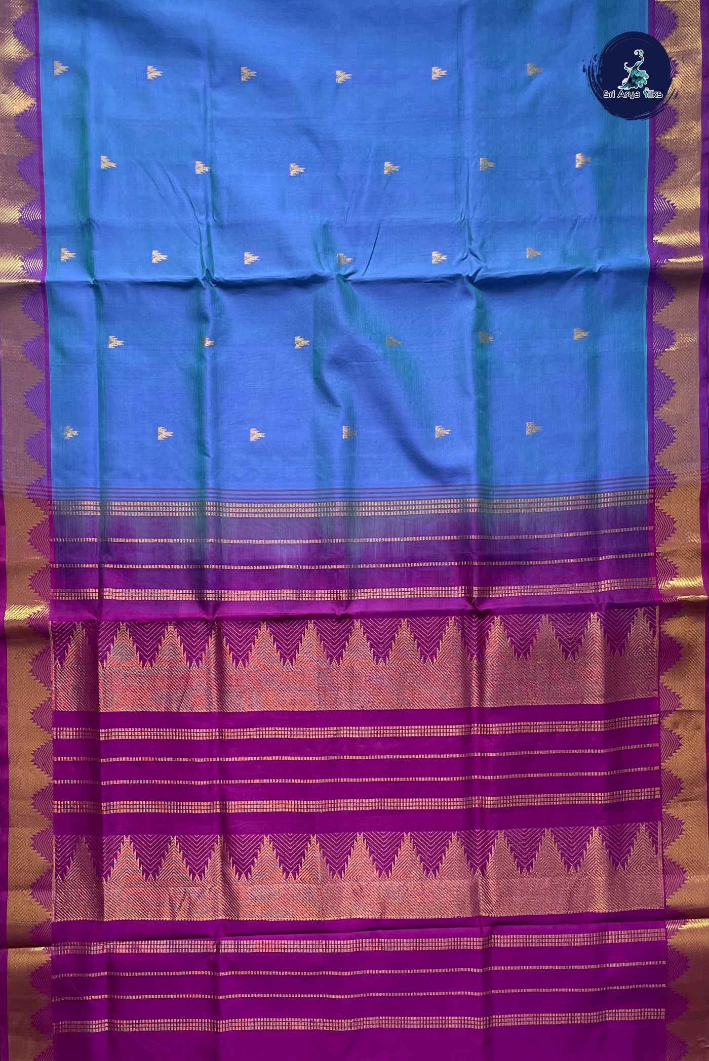Dual Tone Blue Simple Silk Cotton Saree With Zari Buttas Pattern