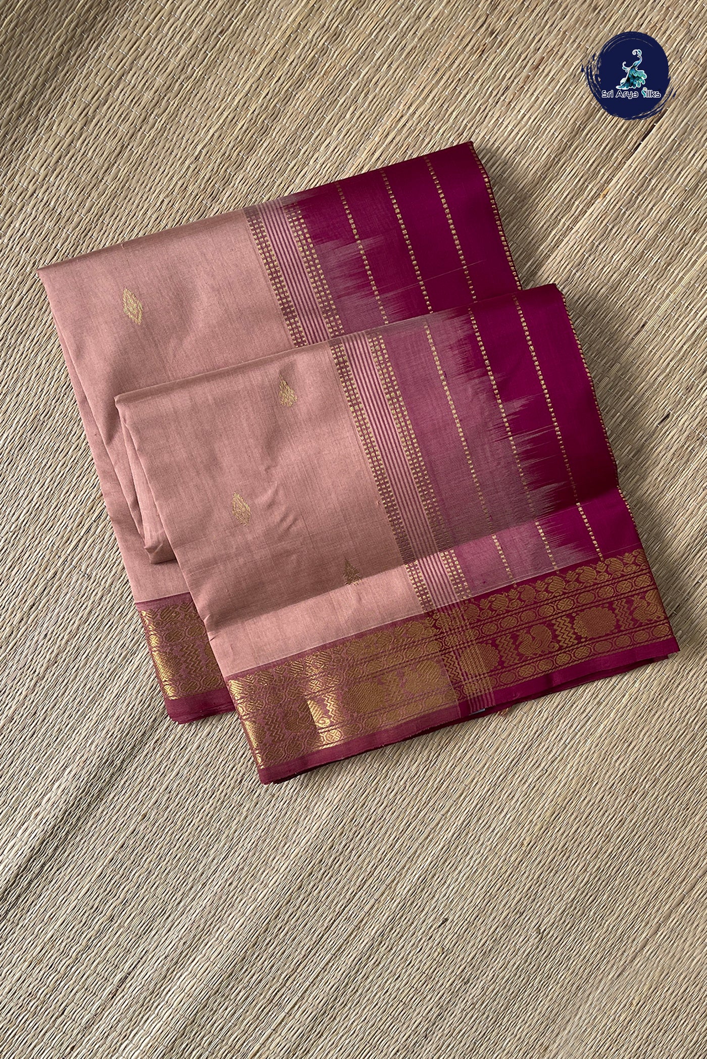 Chocolate Shade Simple Silk Cotton Saree With Zari Buttas Pattern