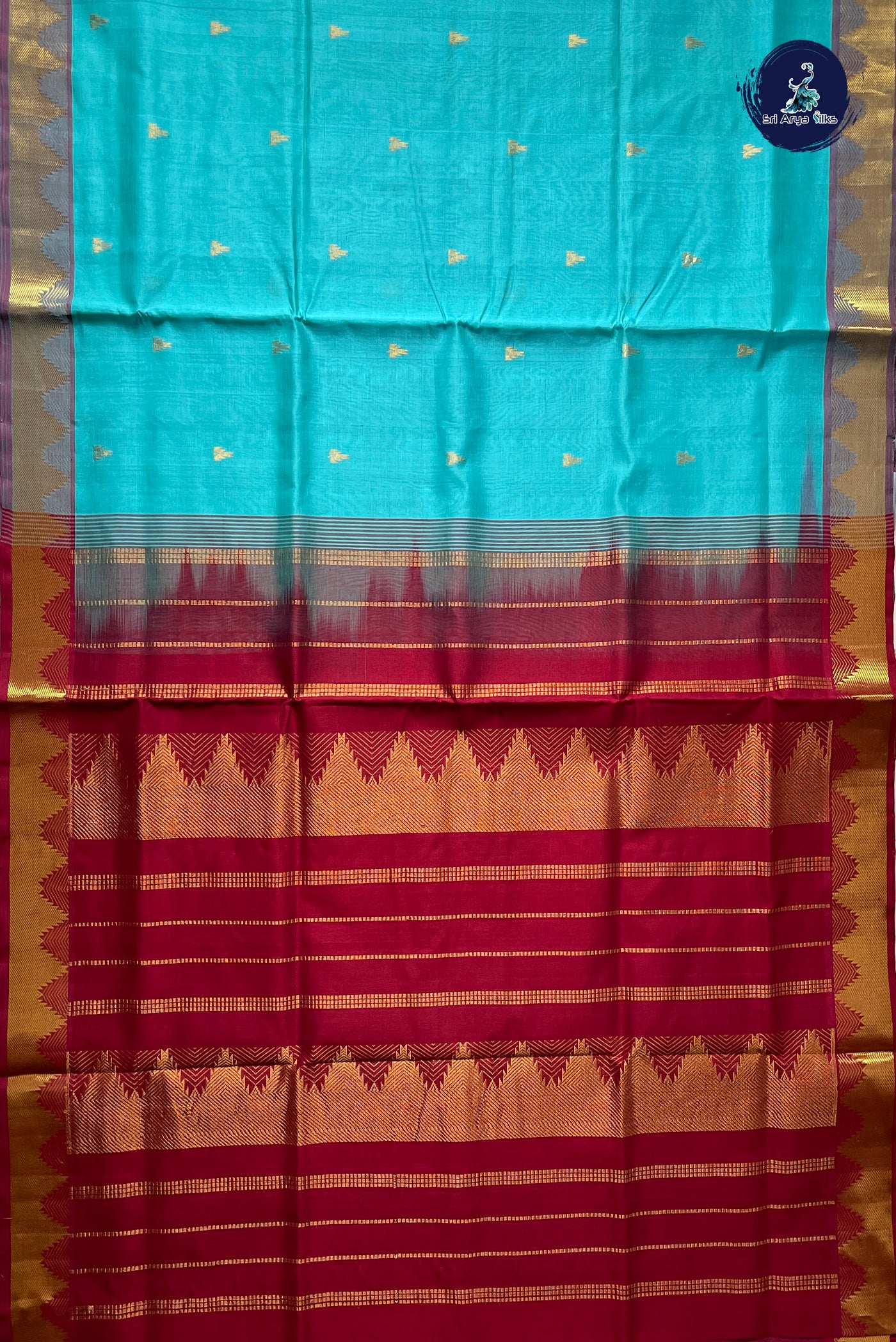 Sea Green Simple Silk Cotton Saree With Zari Buttas Pattern