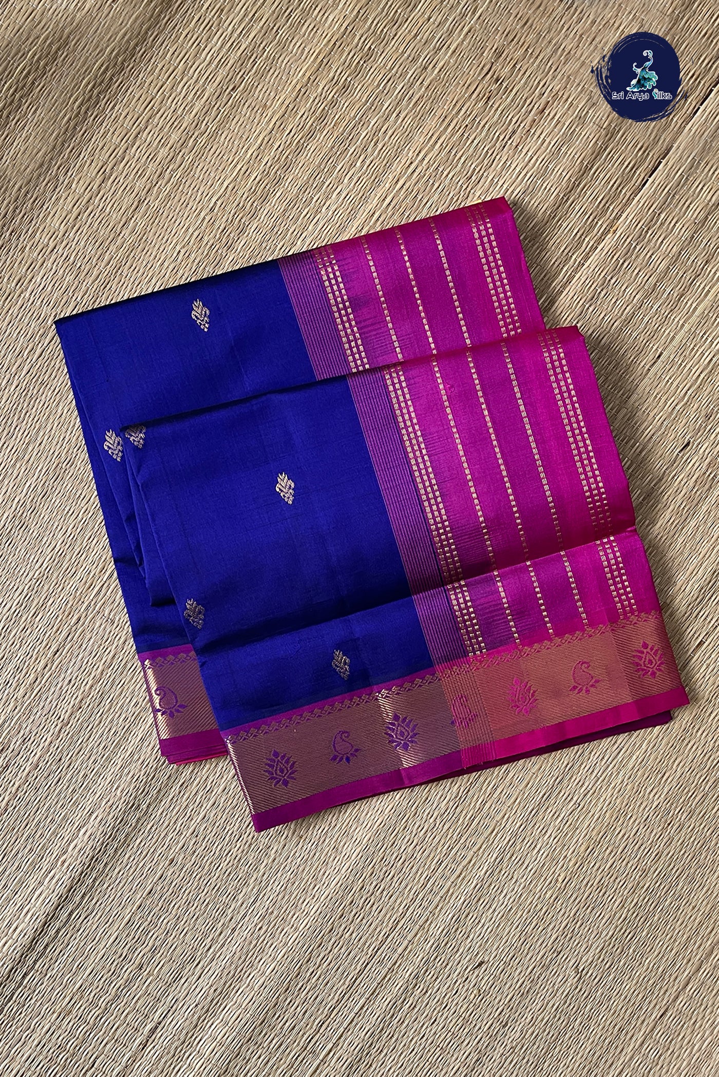 Navy Blue Simple Silk Cotton Saree With Zari Buttas Pattern