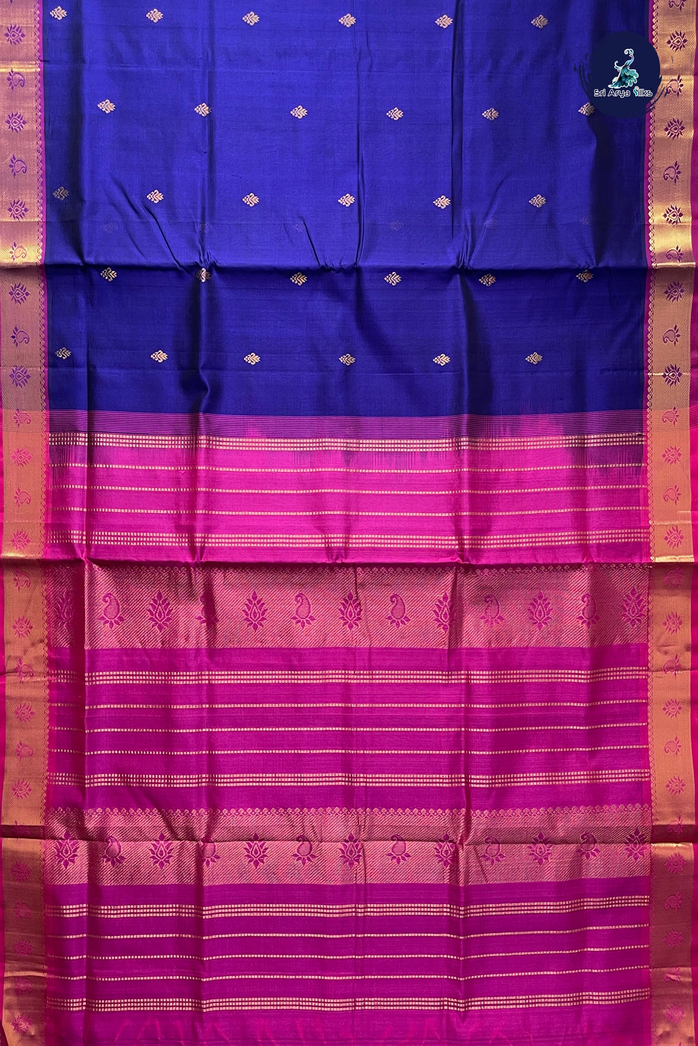 Navy Blue Simple Silk Cotton Saree With Zari Buttas Pattern