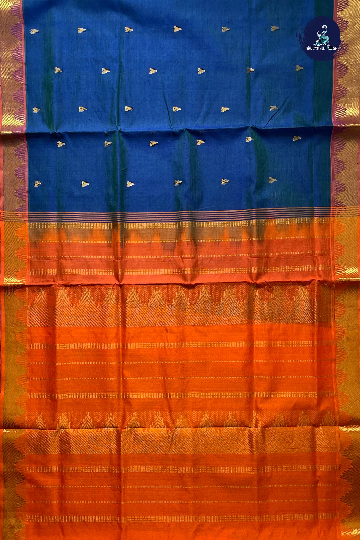 Peacock Blue Simple Silk Cotton Saree With Zari Buttas Pattern
