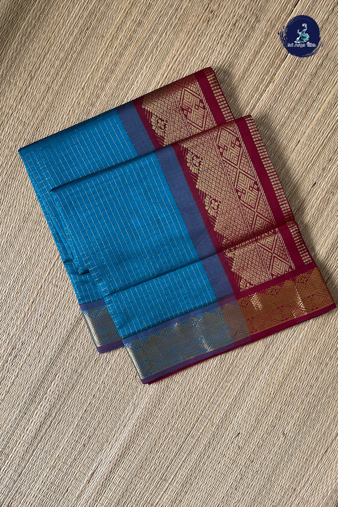 Copper Sulphate Blue Checked Saree With Zari Checked Pattern