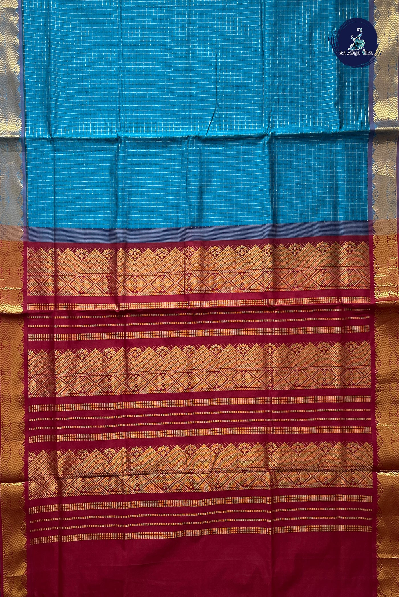 Copper Sulphate Blue Checked Saree With Zari Checked Pattern
