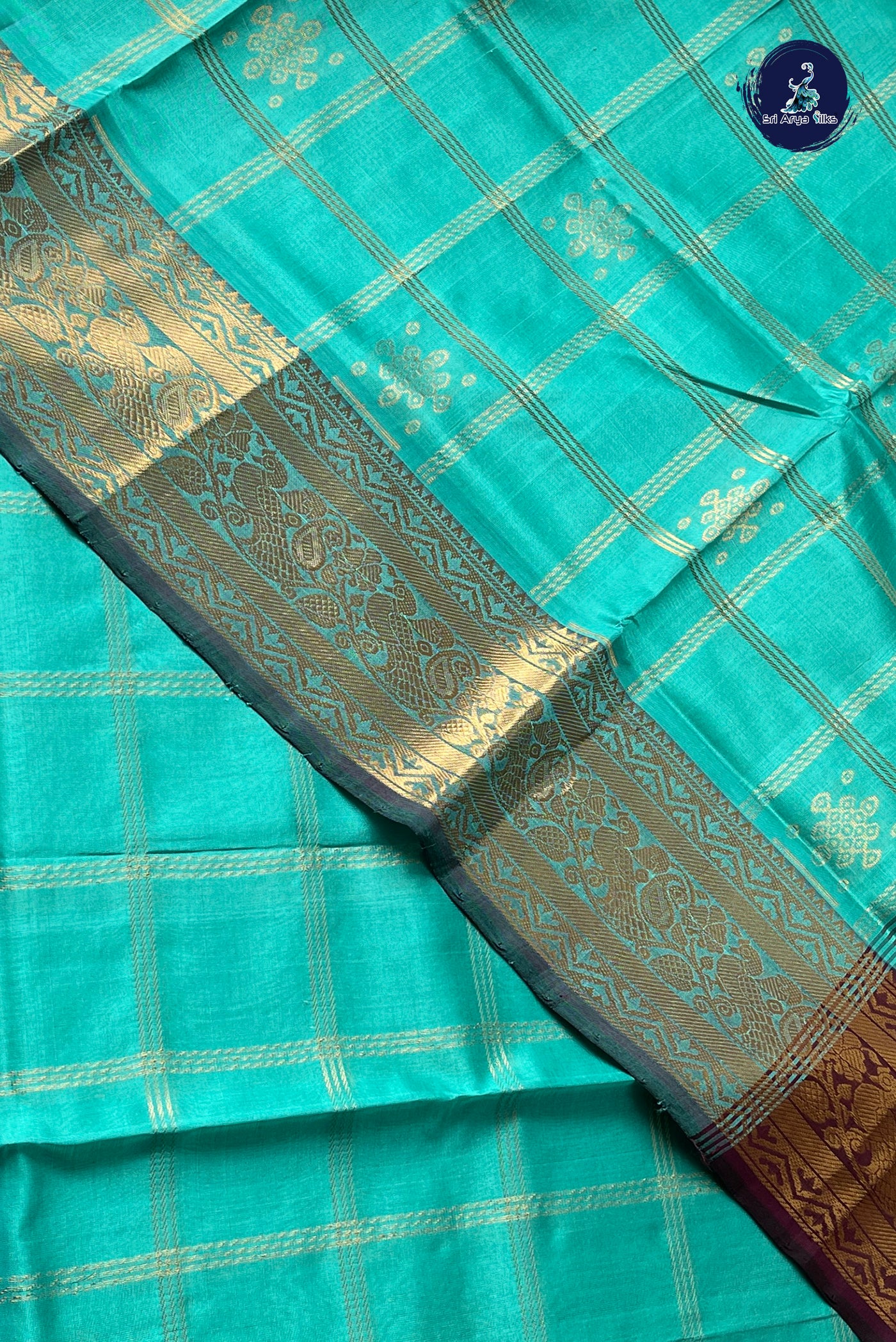 Sea Green Checked Saree With Zari Checked Pattern