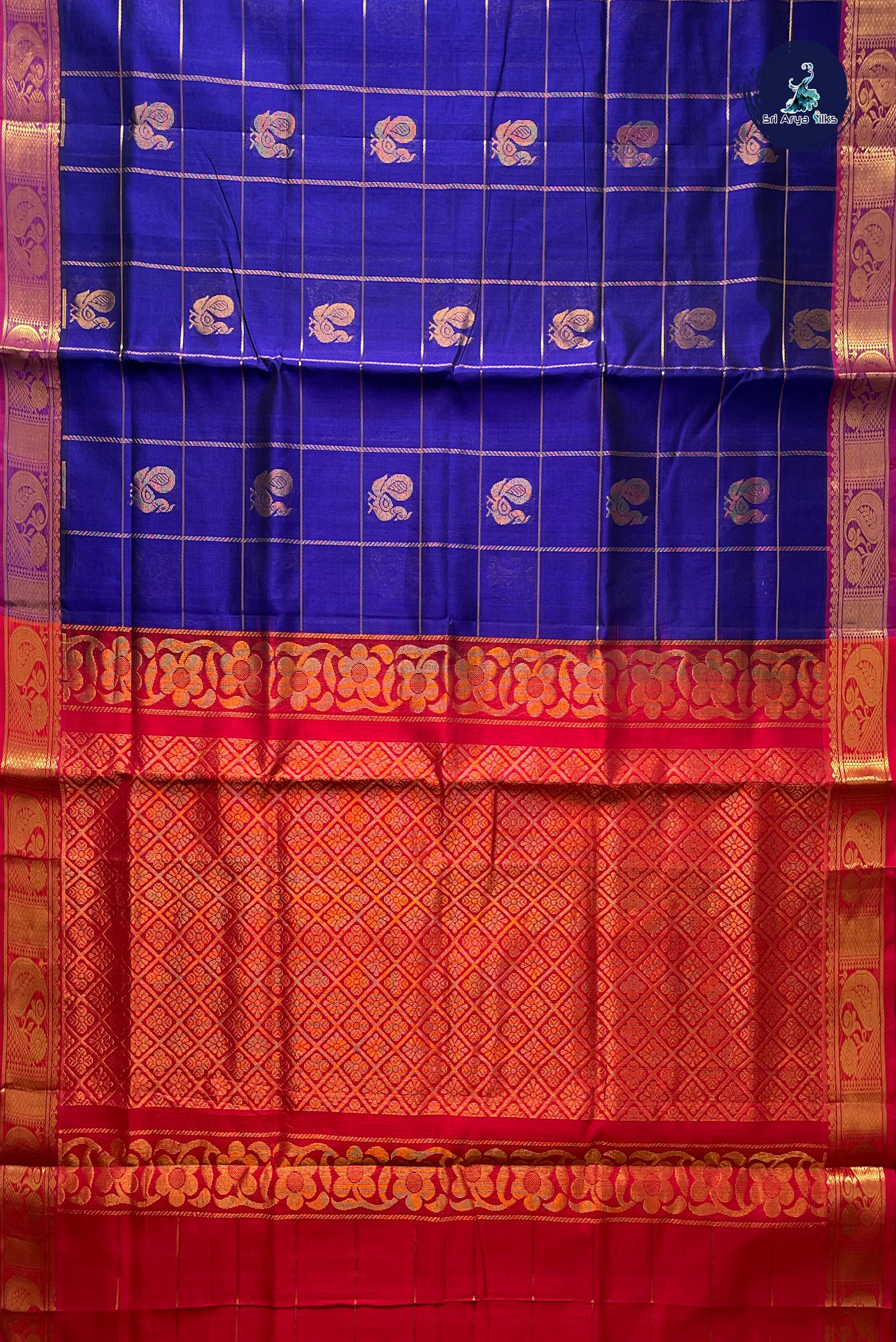 Royal Blue Checked Saree With Zari Checked Pattern