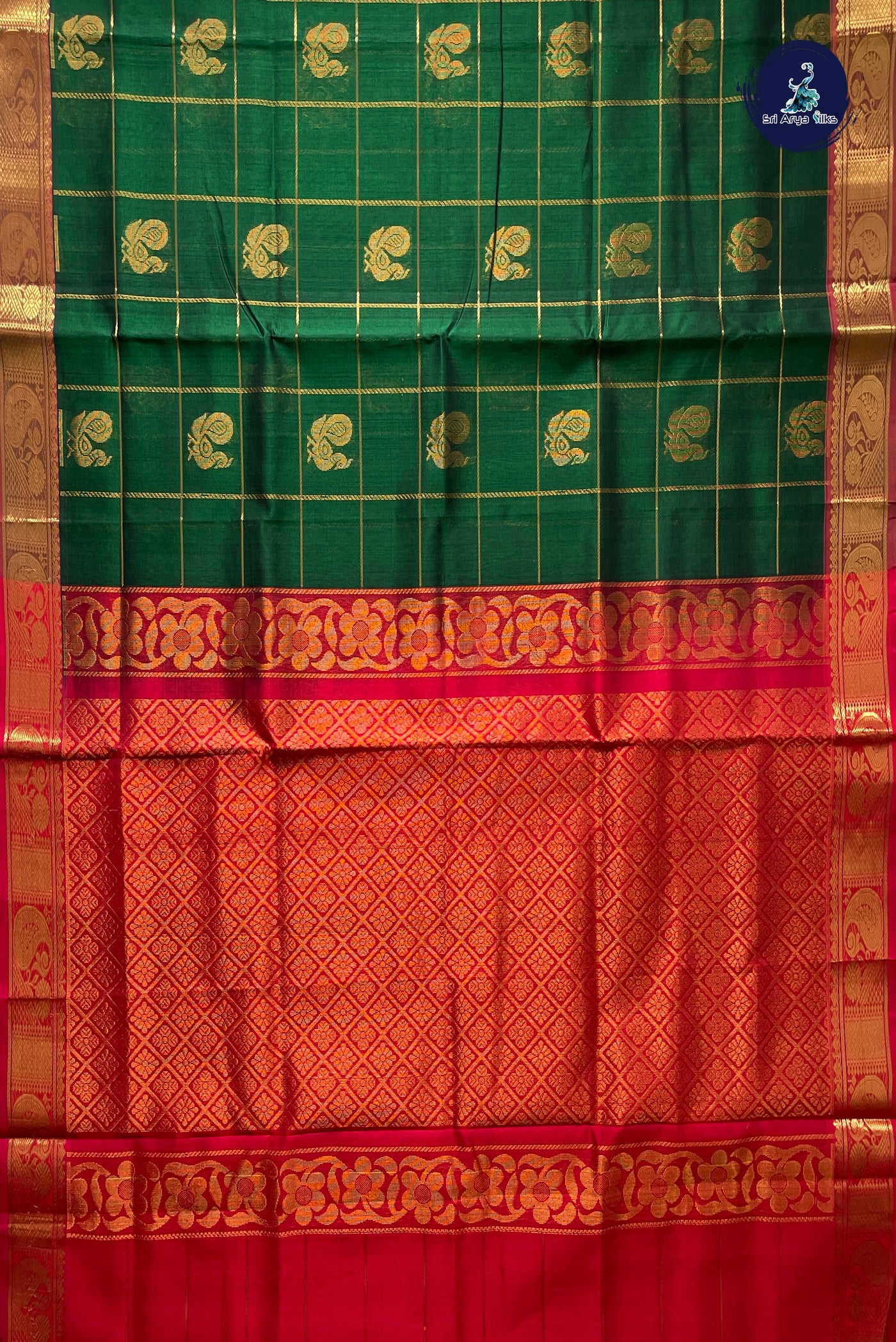 Bottle Green Checked Saree With Zari Checked Pattern