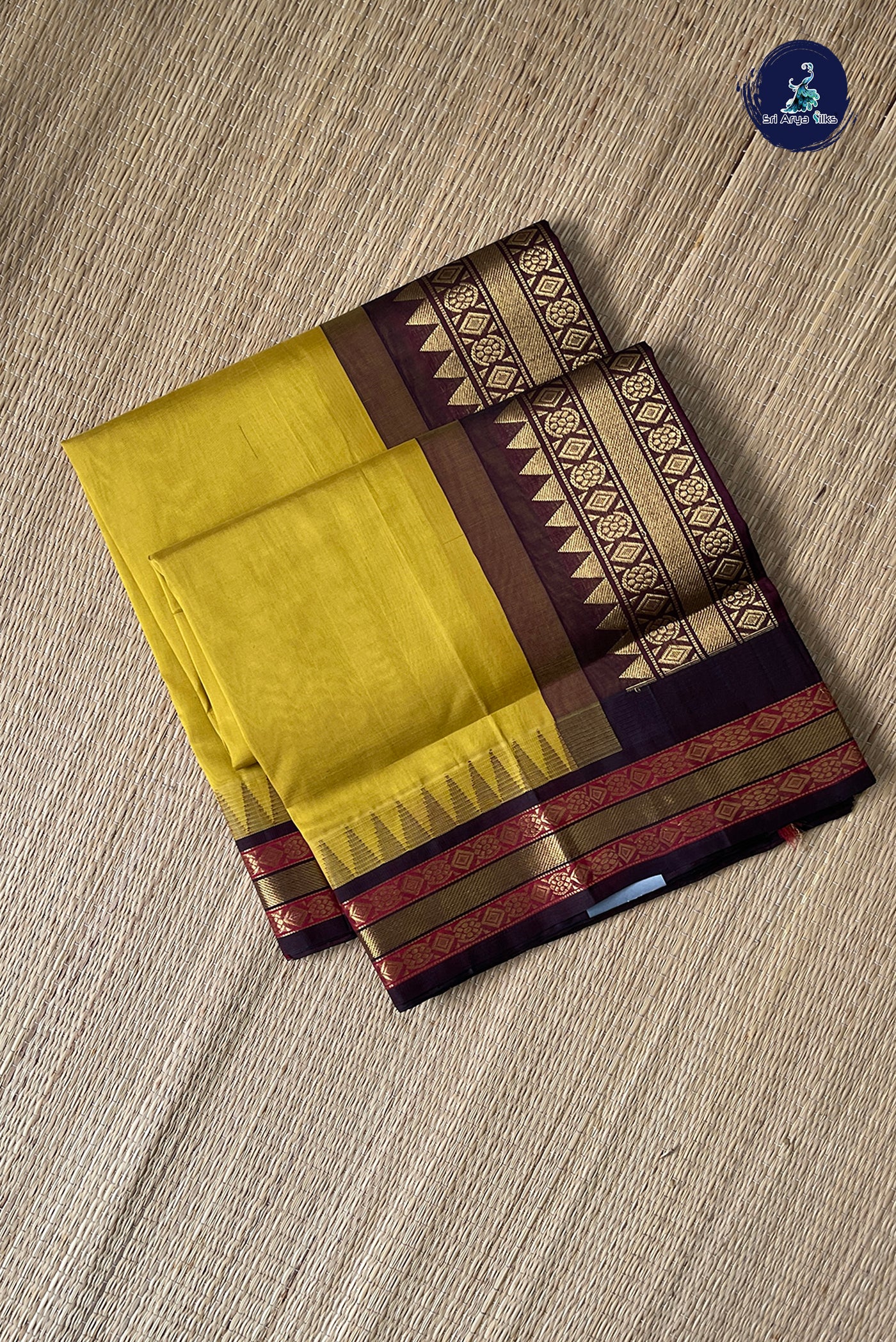 Golden Mustard Korvai Silk Cotton Saree With Plain Pattern