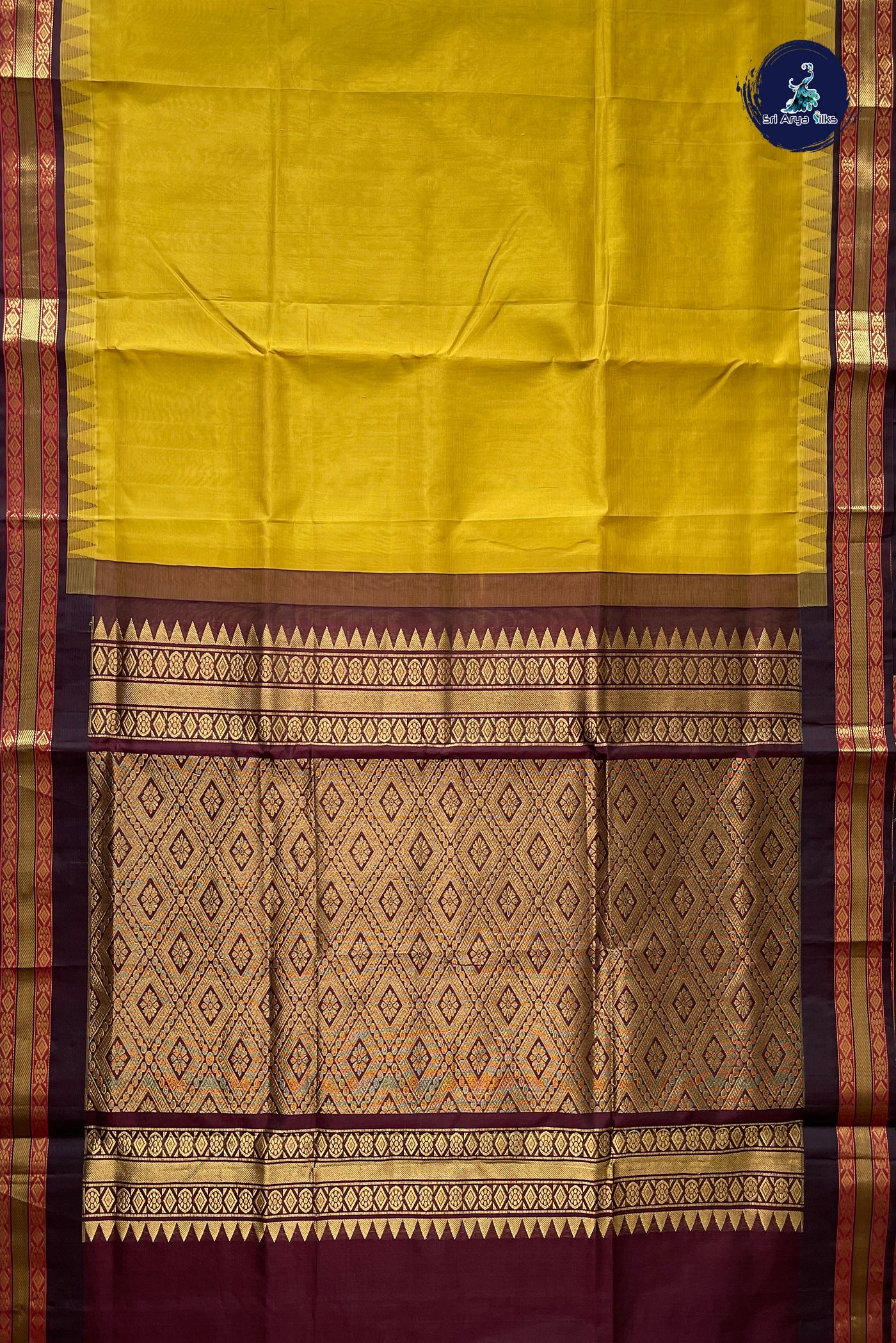 Golden Mustard Korvai Silk Cotton Saree With Plain Pattern