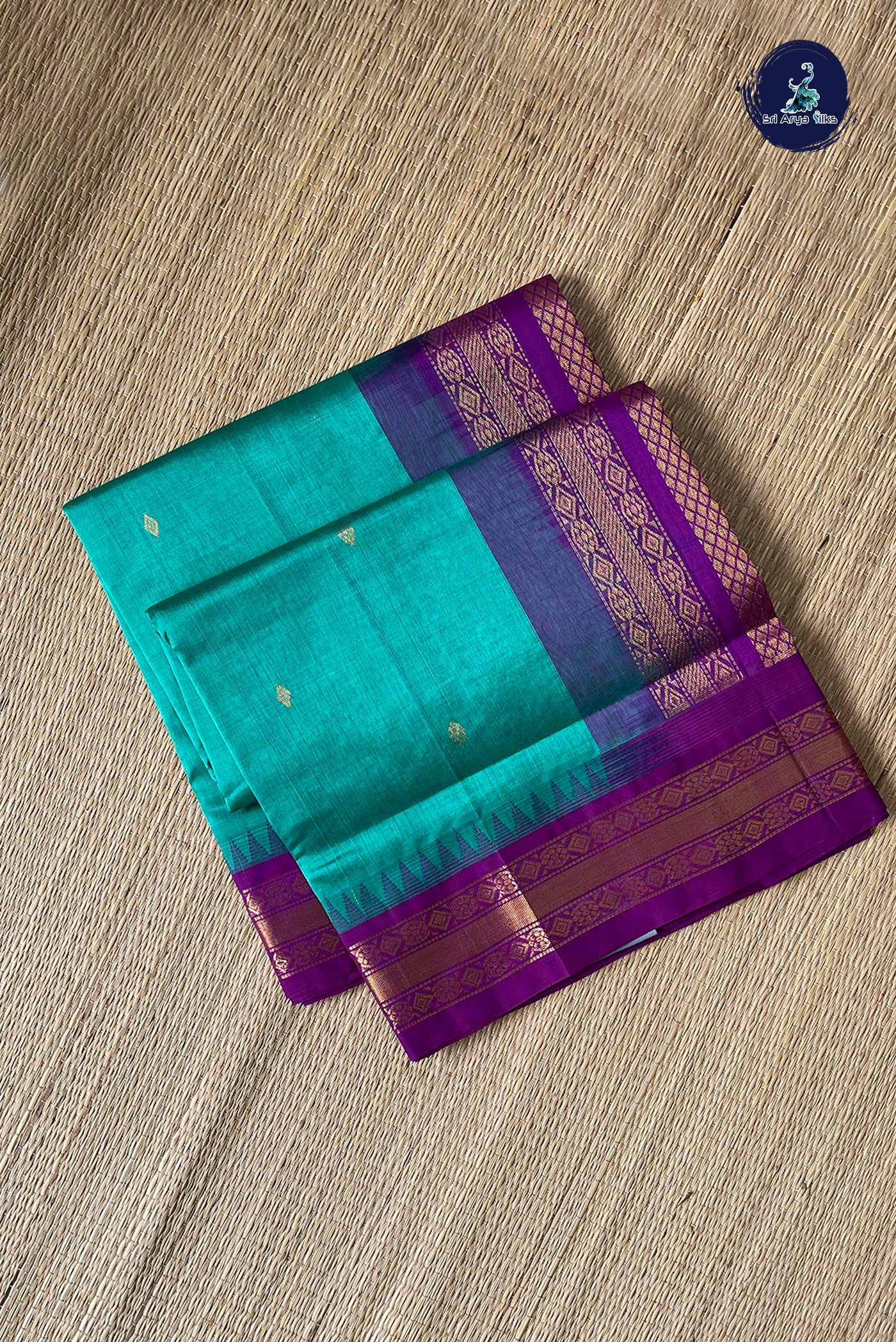 Turquoise Korvai Silk Cotton Saree With Zari Buttas Pattern