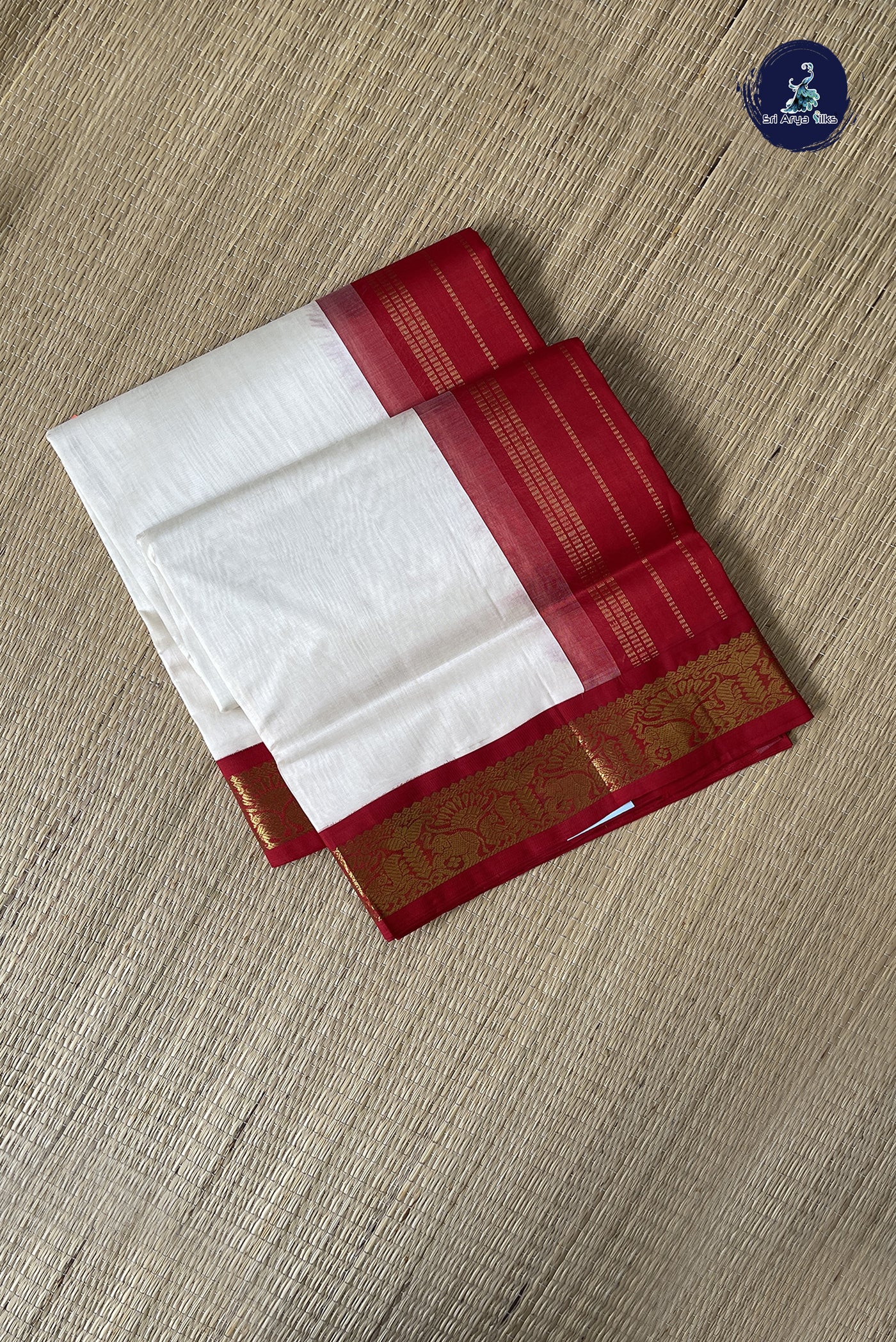 Off White Korvai Silk Cotton Saree With Plain Pattern