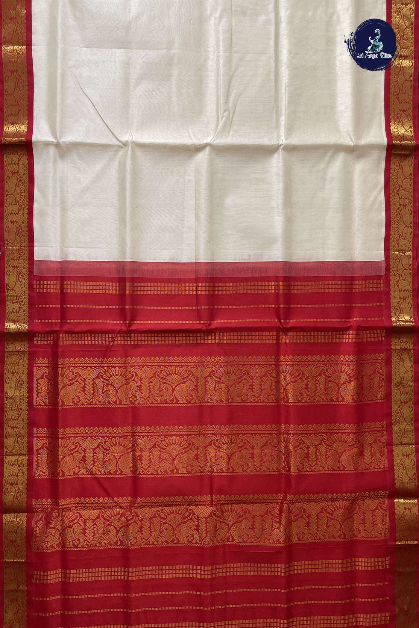 Off White Korvai Silk Cotton Saree With Plain Pattern