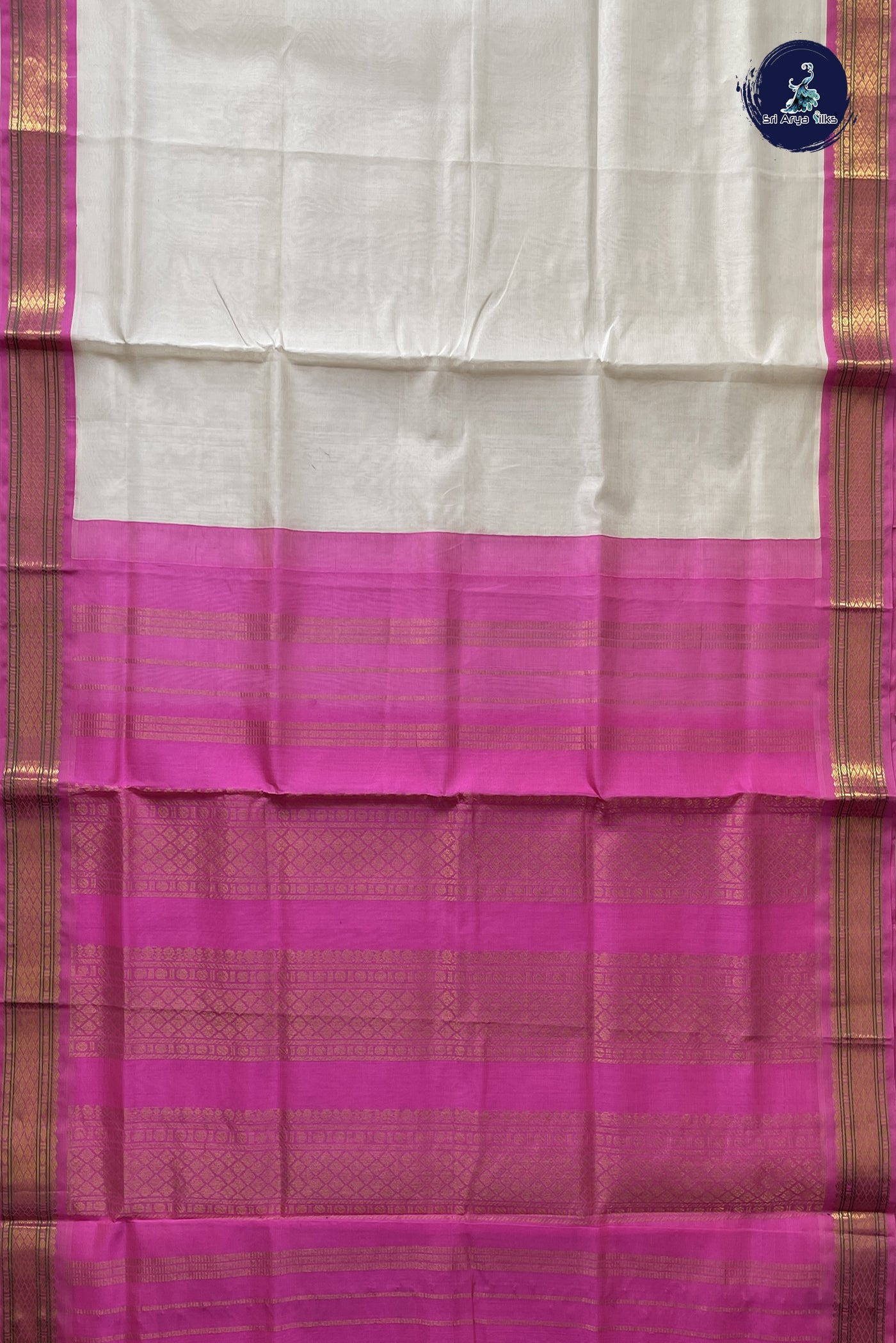 Off White Korvai Silk Cotton Saree With Plain Pattern