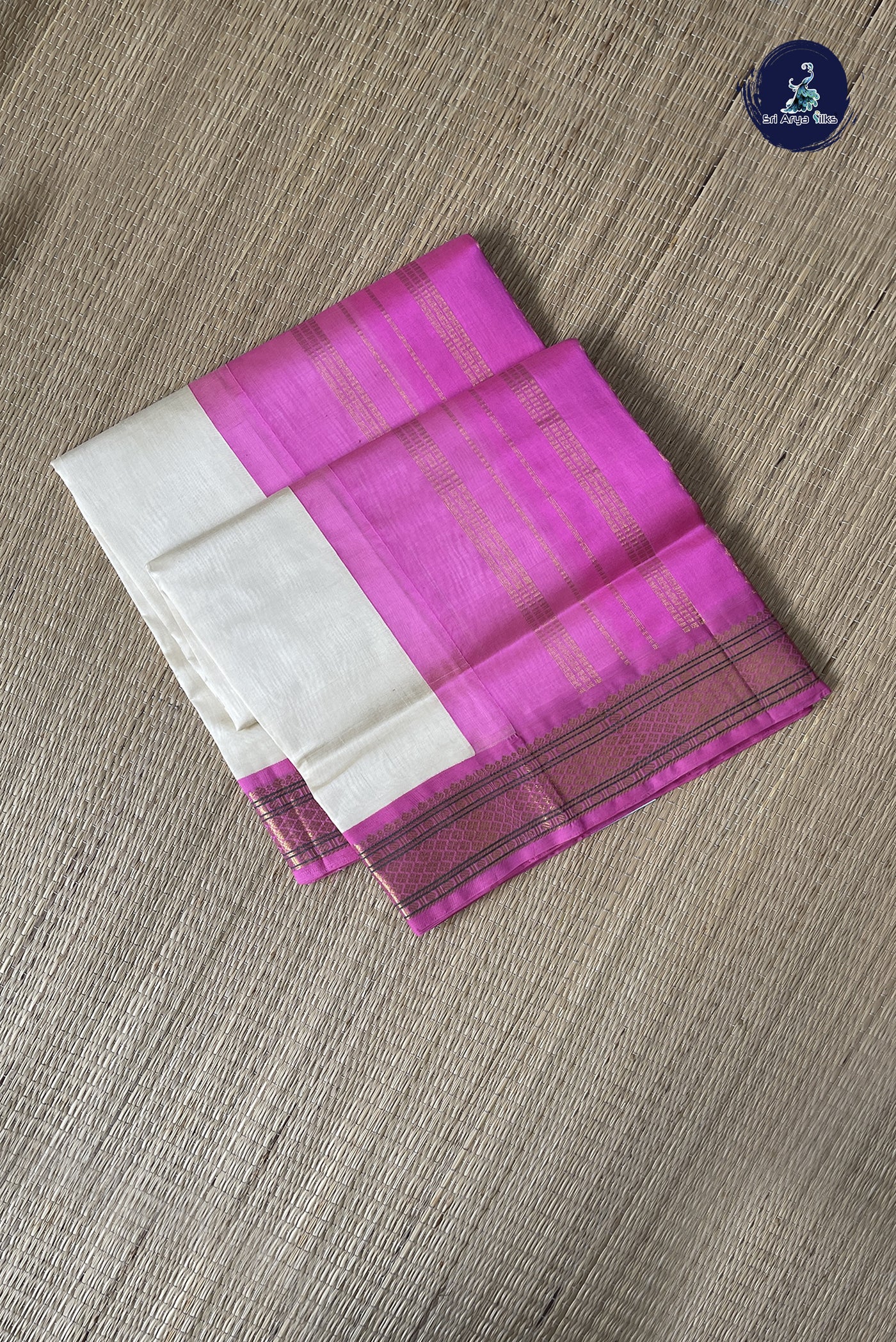 Off White Korvai Silk Cotton Saree With Plain Pattern