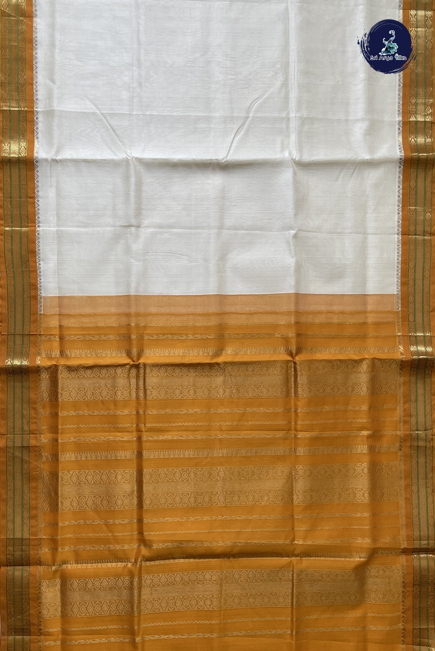 Off White Korvai Silk Cotton Saree With Plain Pattern