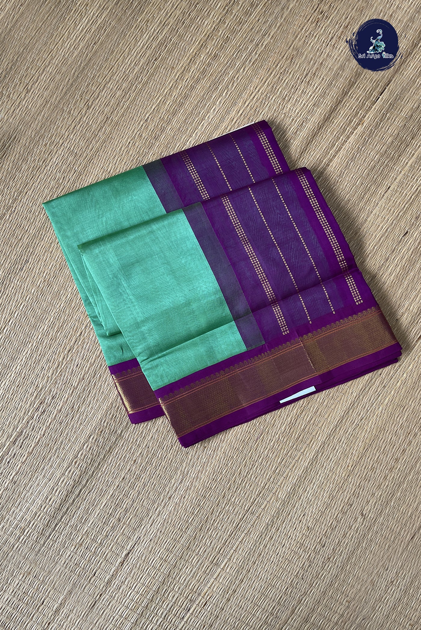 Sea Green Korvai Silk Cotton Saree With Plain Pattern