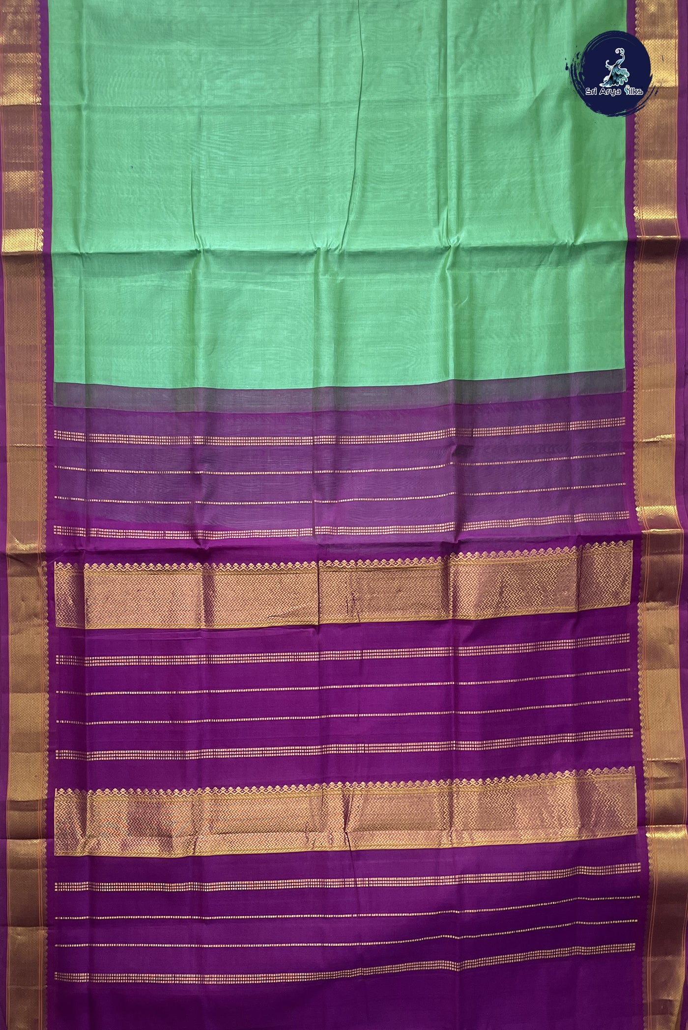 Sea Green Korvai Silk Cotton Saree With Plain Pattern