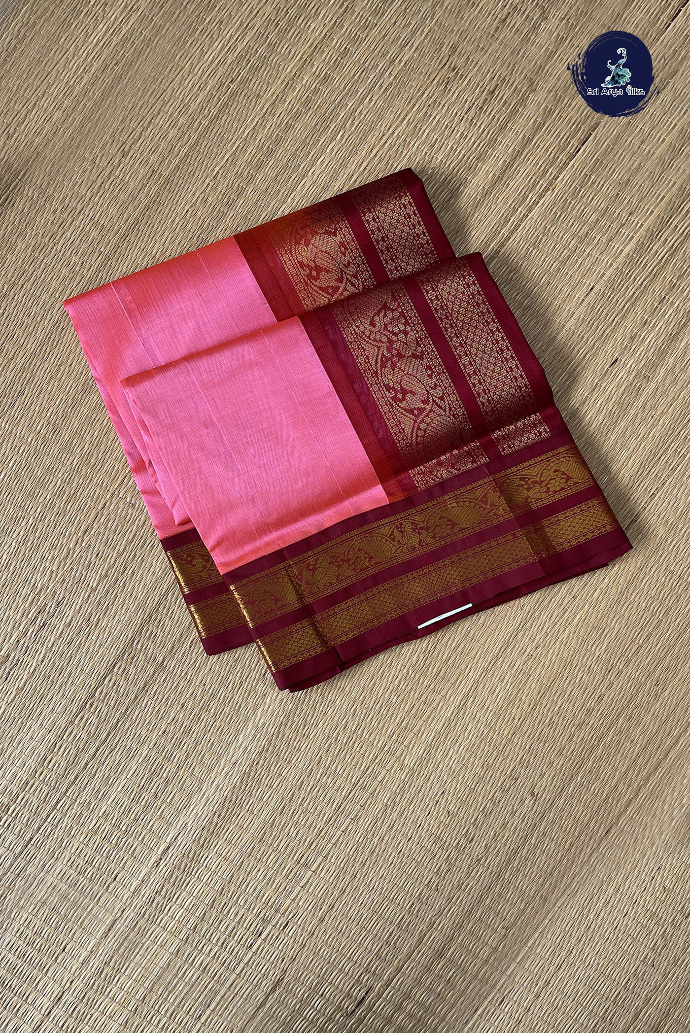 Peach Pink Korvai Silk Cotton Saree With Plain Pattern