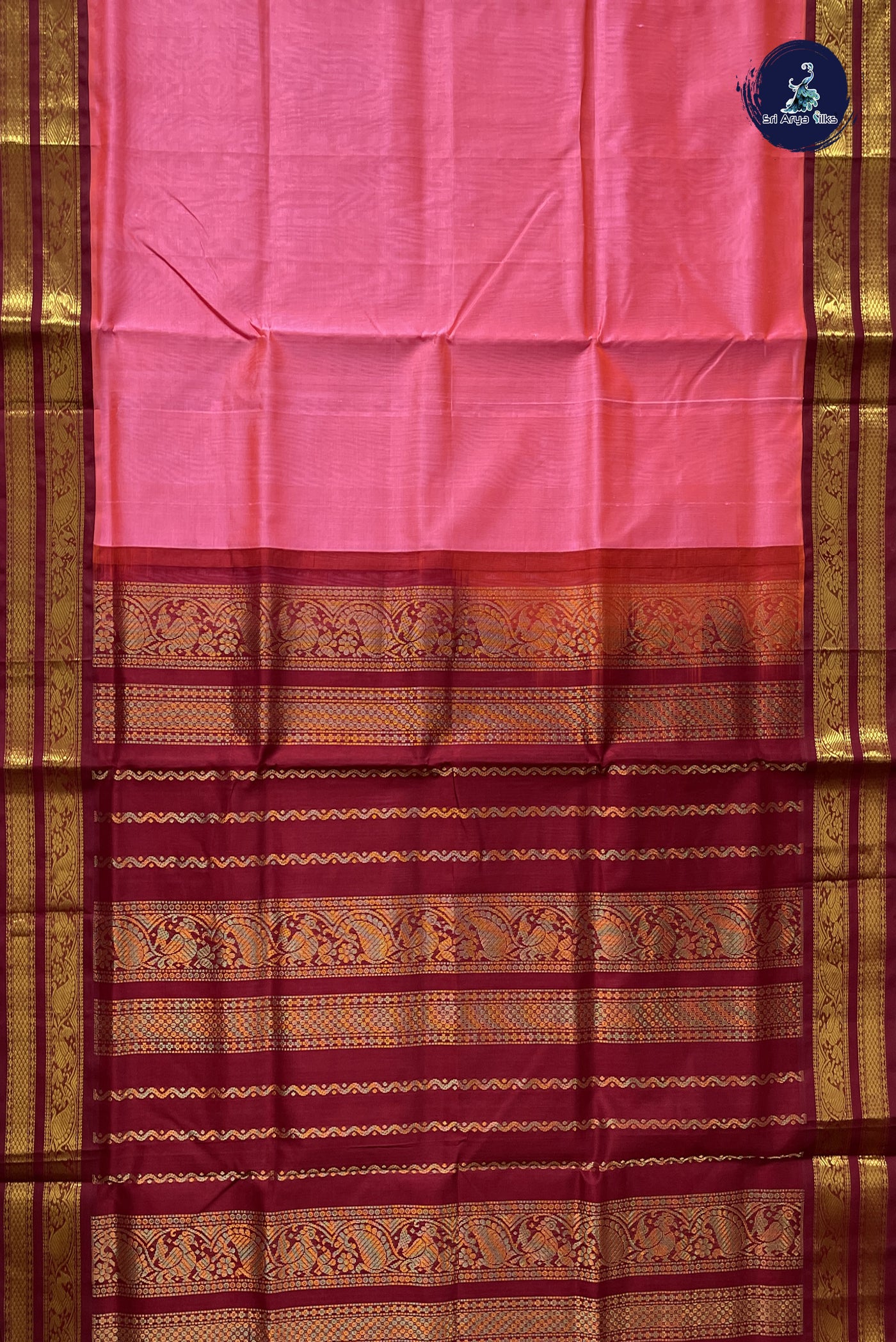 Peach Pink Korvai Silk Cotton Saree With Plain Pattern