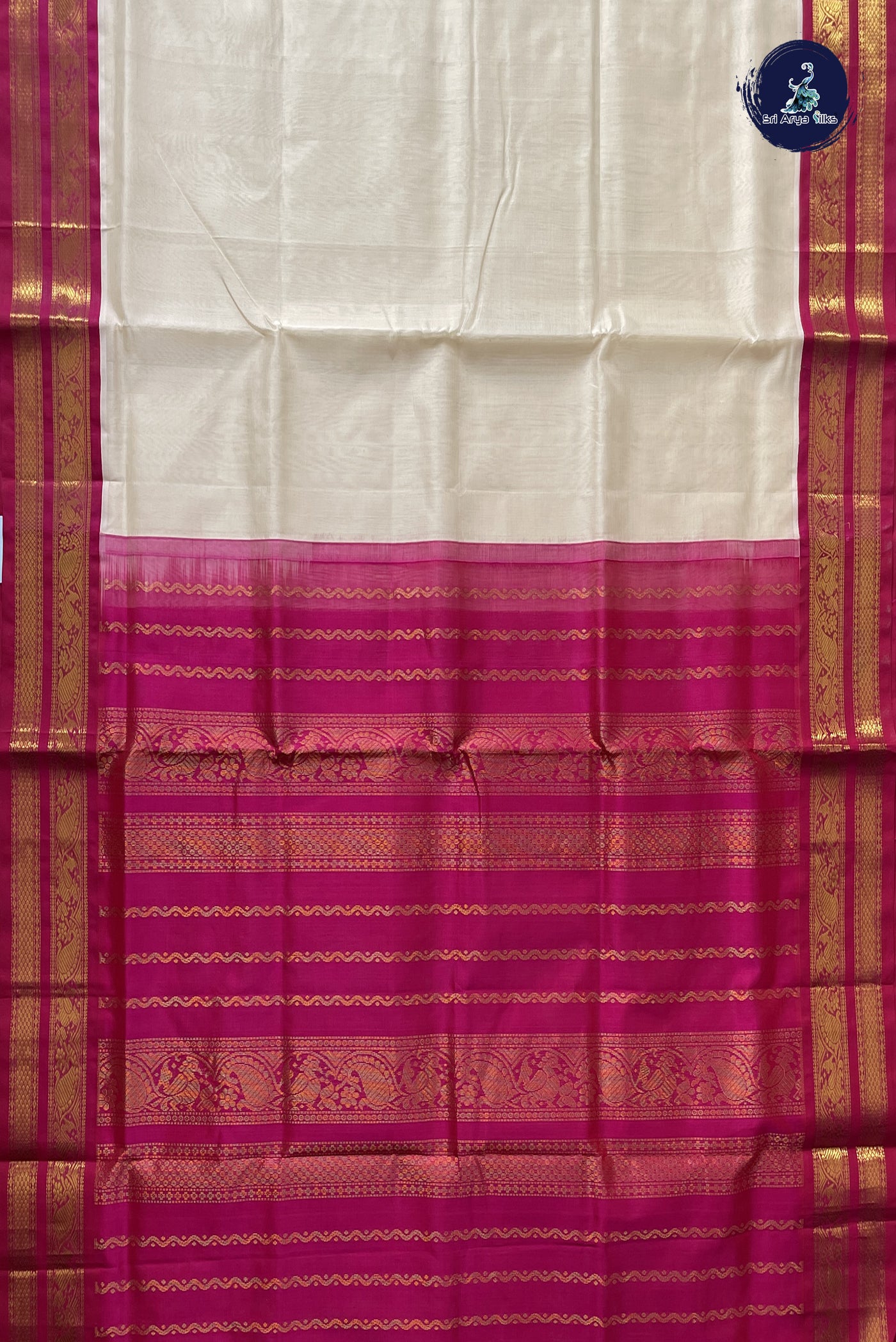 Off White Korvai Silk Cotton Saree With Plain Pattern