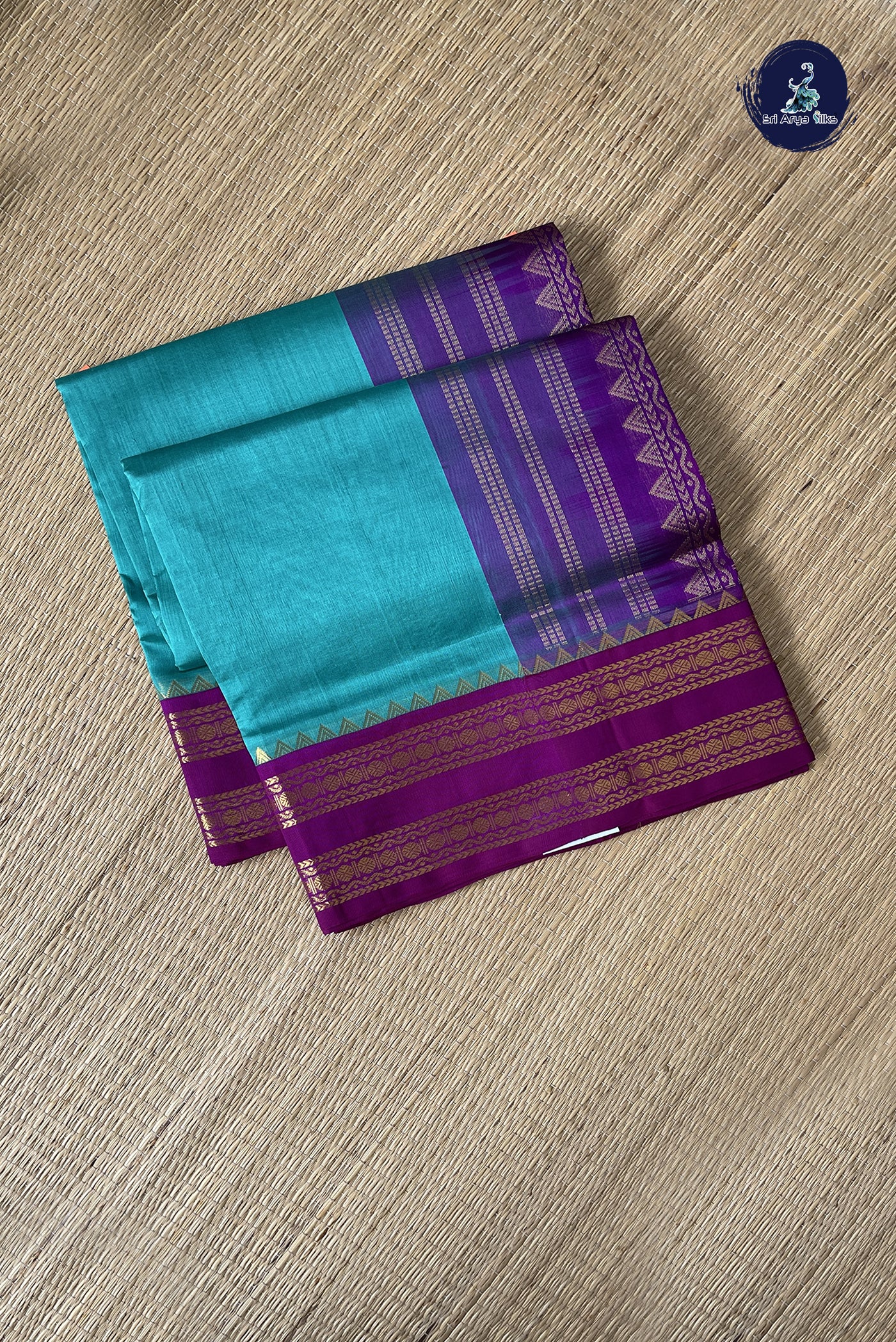 Teal Korvai Silk Cotton Saree With Plain Pattern