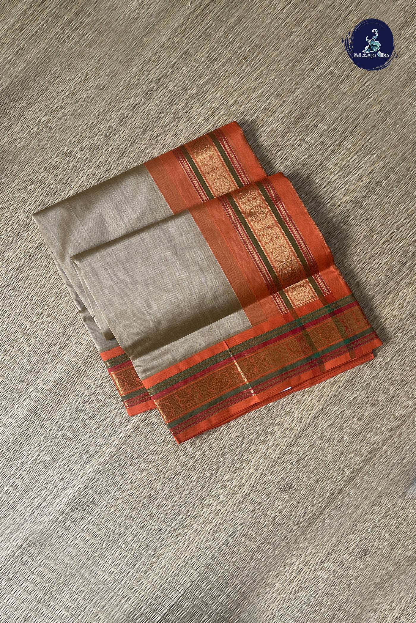 Beige Korvai Silk Cotton Saree With Plain Pattern