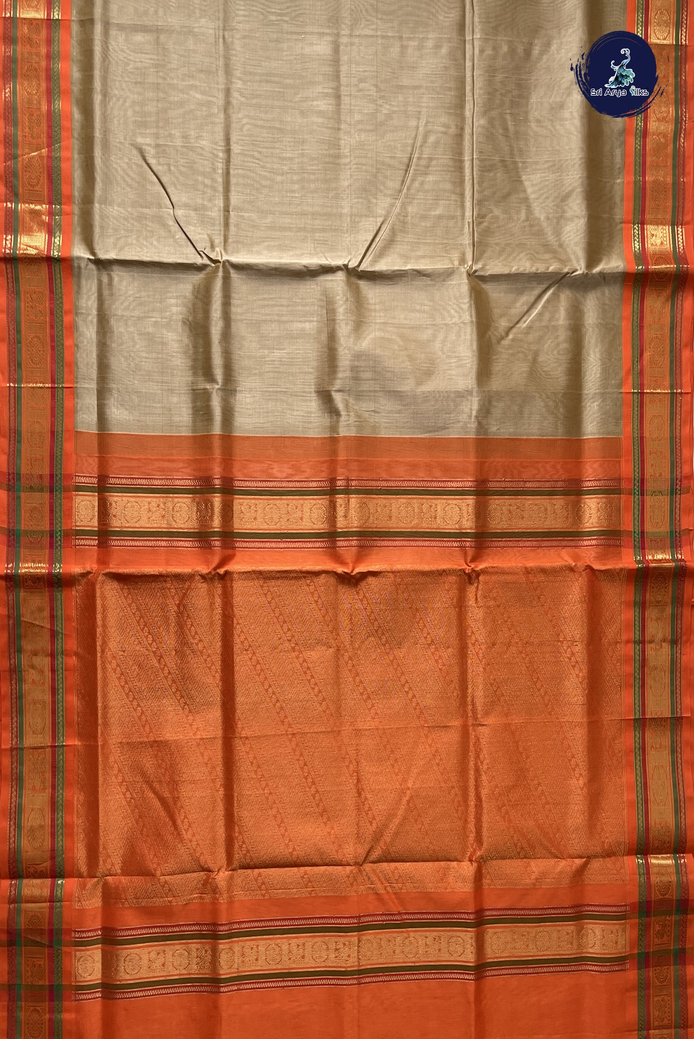 Beige Korvai Silk Cotton Saree With Plain Pattern