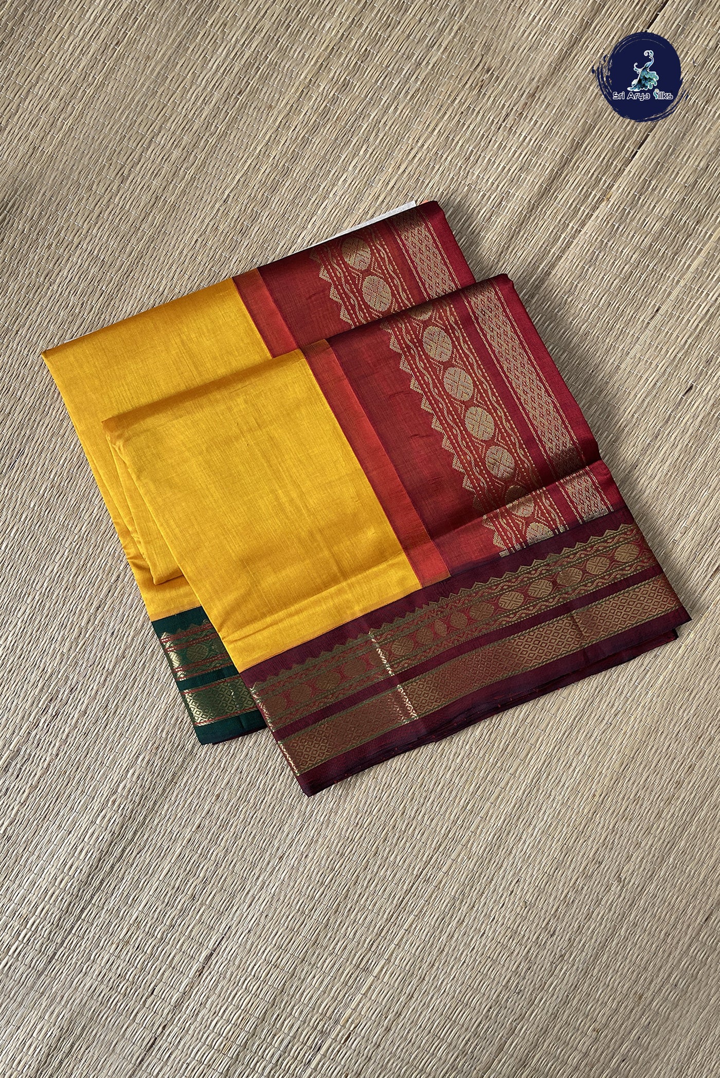 Mango Yellow Korvai Silk Cotton Saree With Plain Pattern