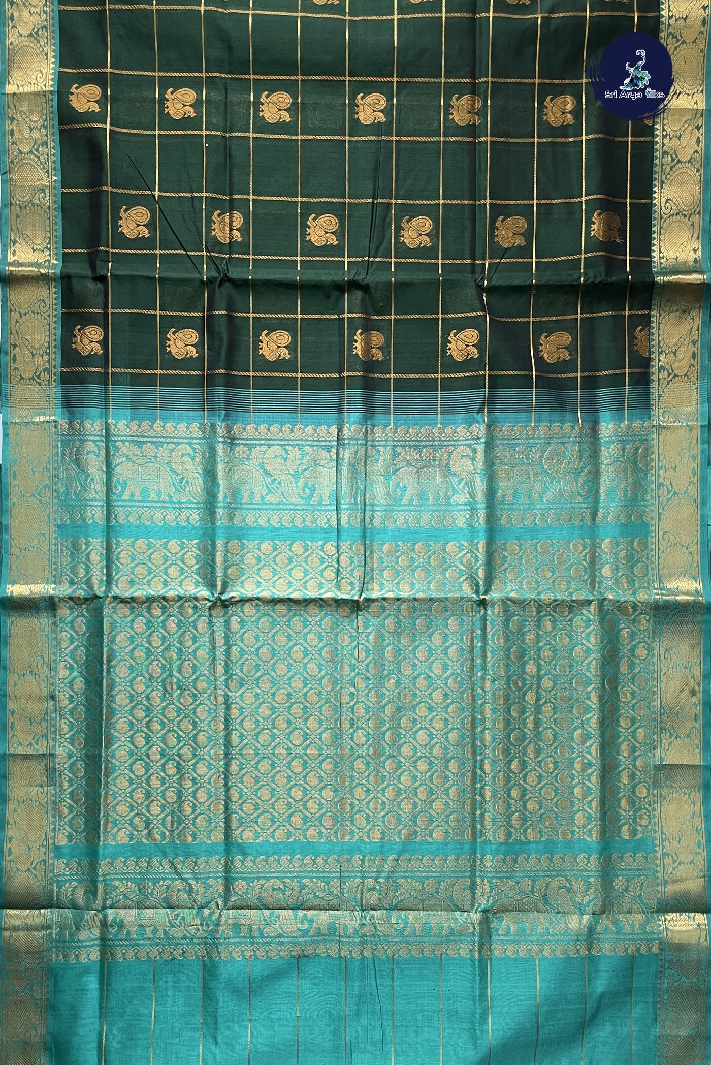 Dark Green Checked Saree With Zari Checked Pattern