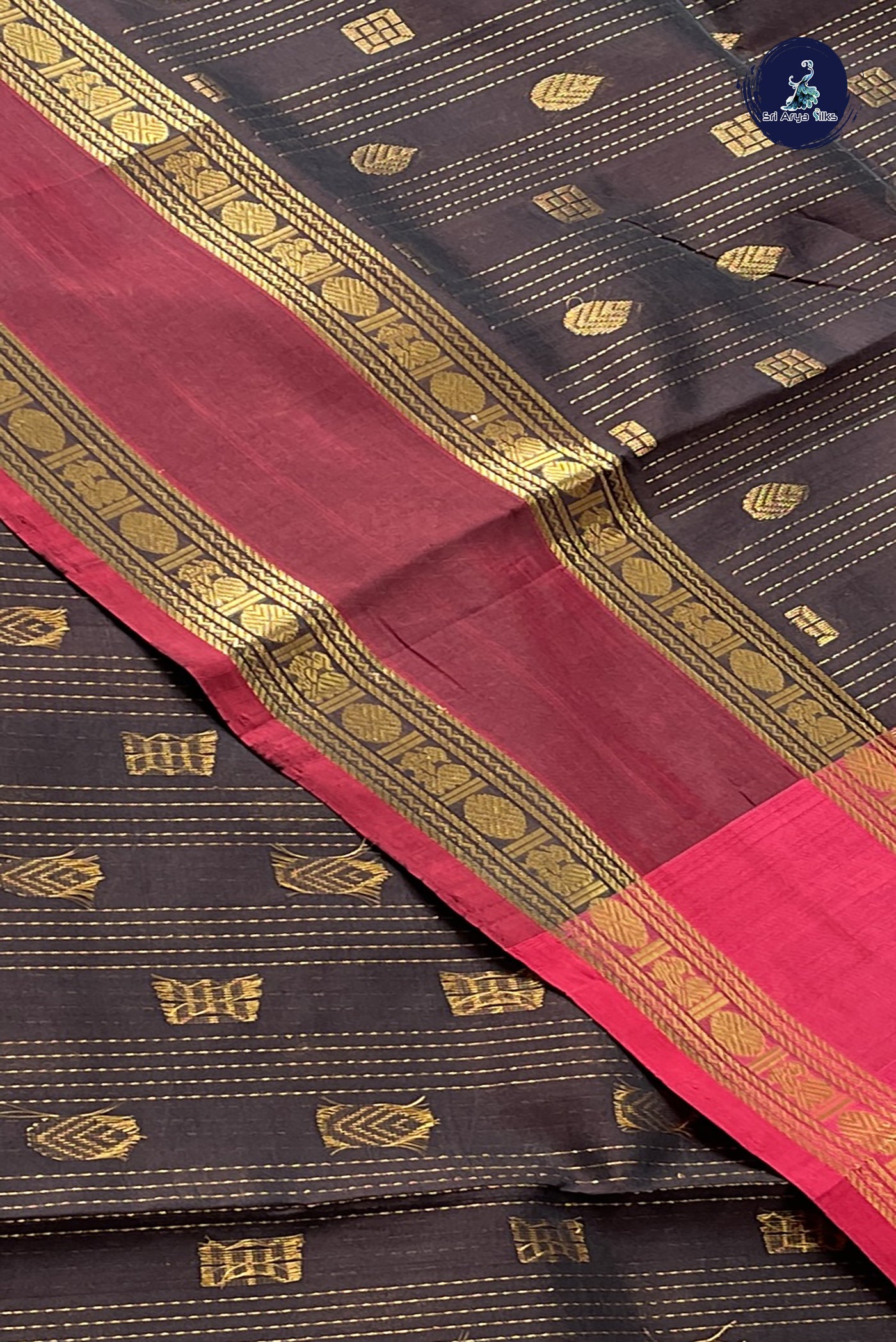 Coffee Brown Silk Cotton Saree With Stripes Pattern