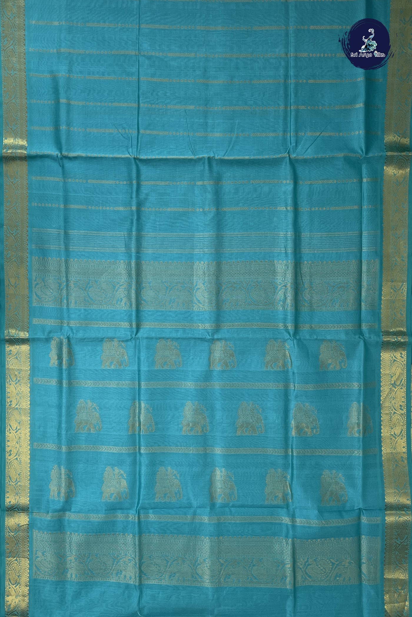 Light Blue Silk Cotton Saree With Stripes Pattern