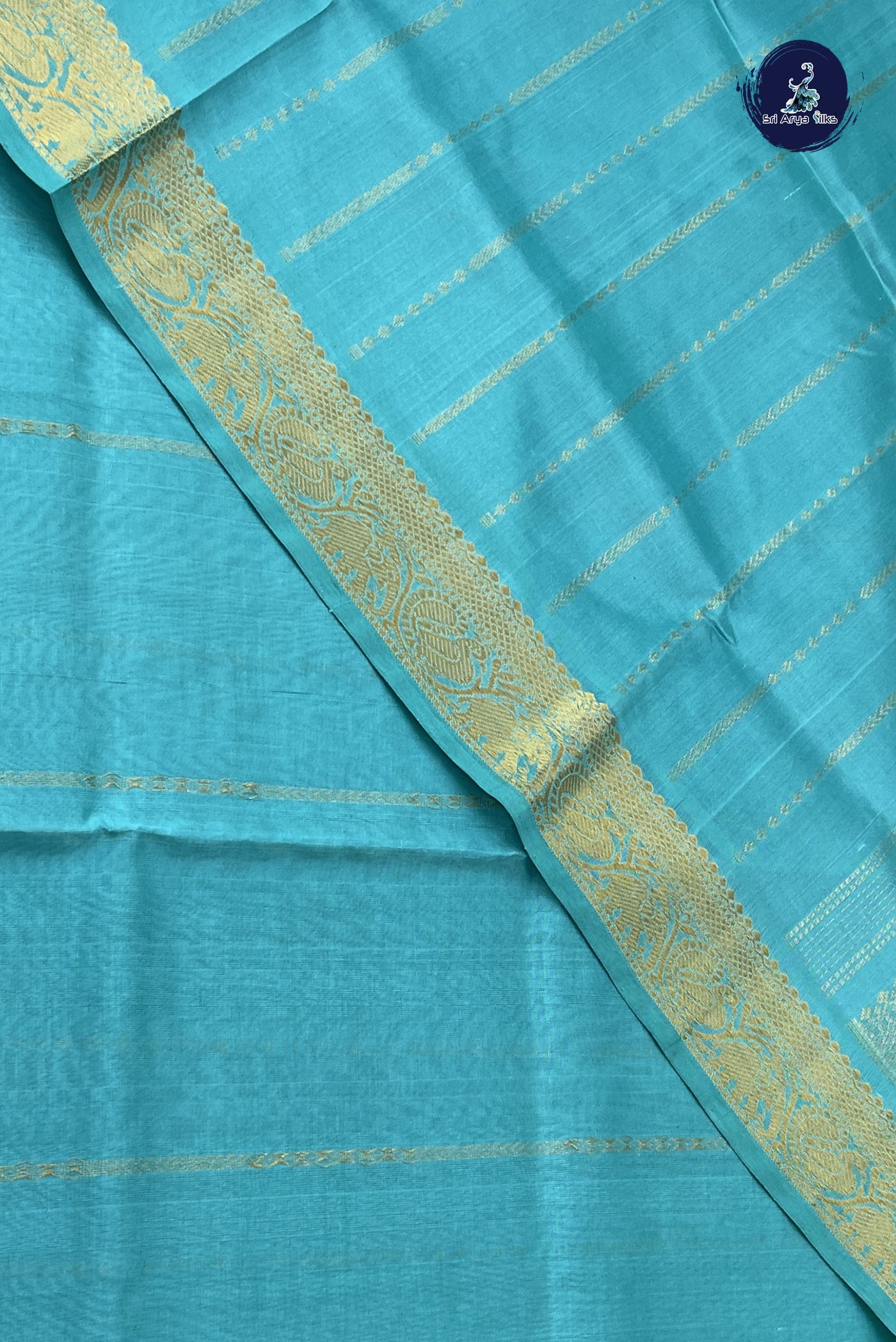 Light Blue Silk Cotton Saree With Stripes Pattern