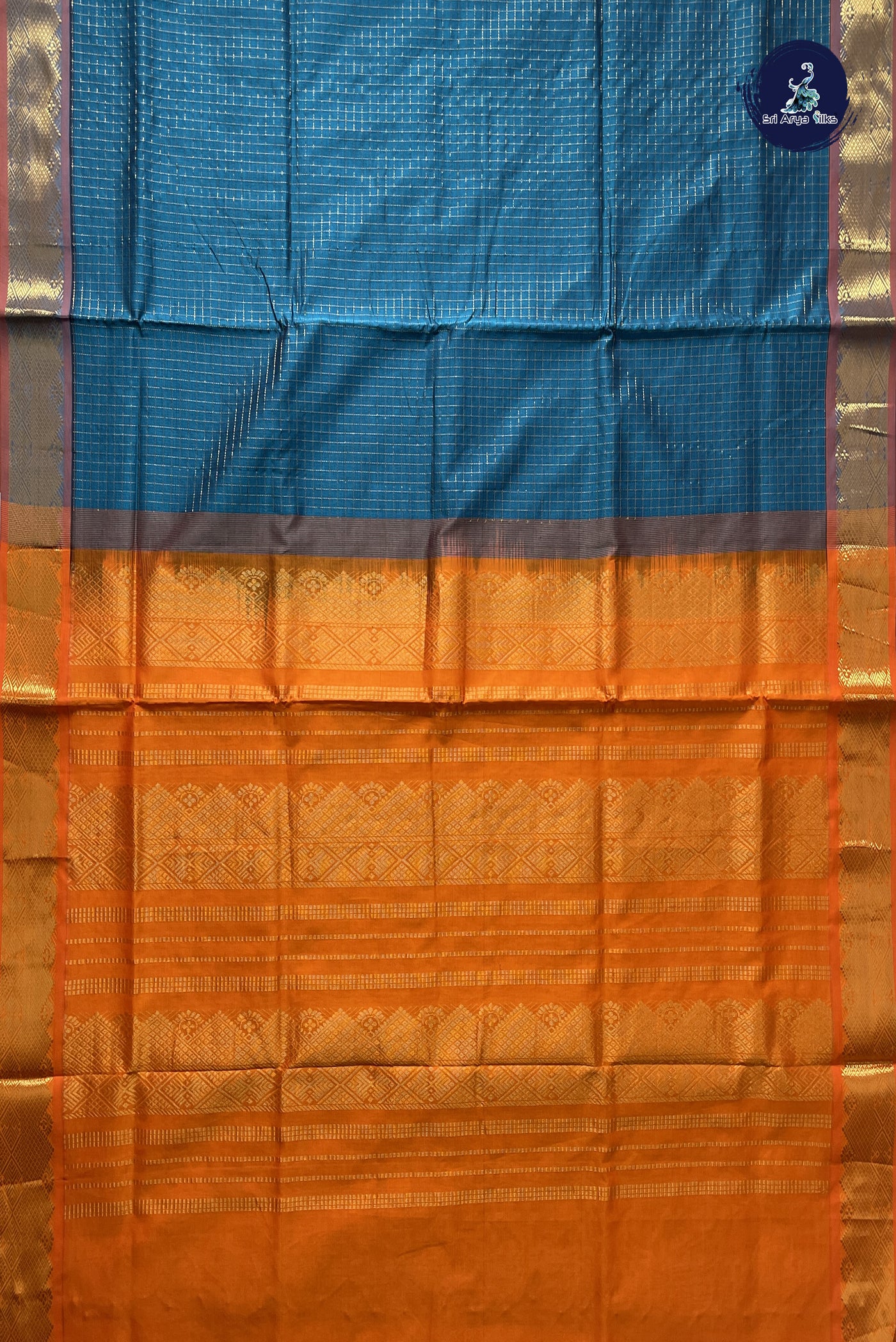 Sapphire Blue Checked Saree With Zari Checked Pattern