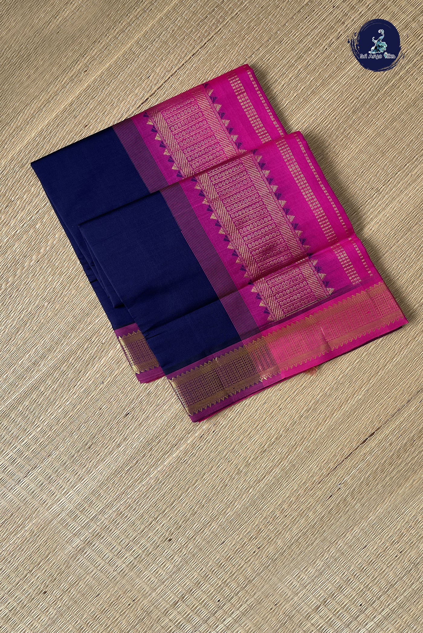 Navy Blue Simple Silk Cotton Saree With Plain Pattern