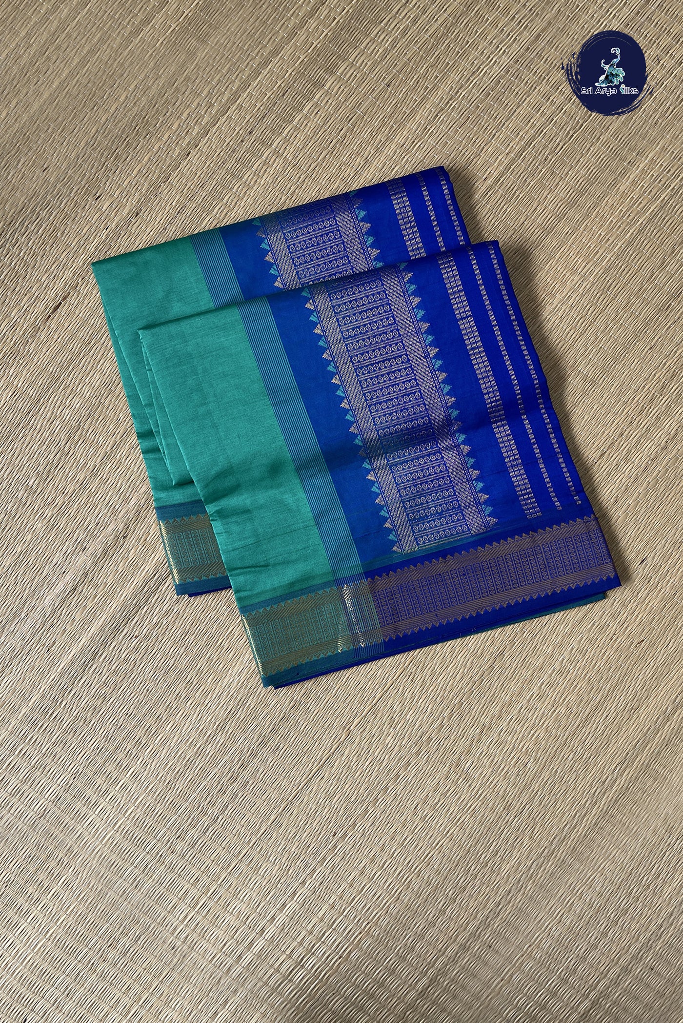 Bluish Green Simple Silk Cotton Saree With Plain Pattern