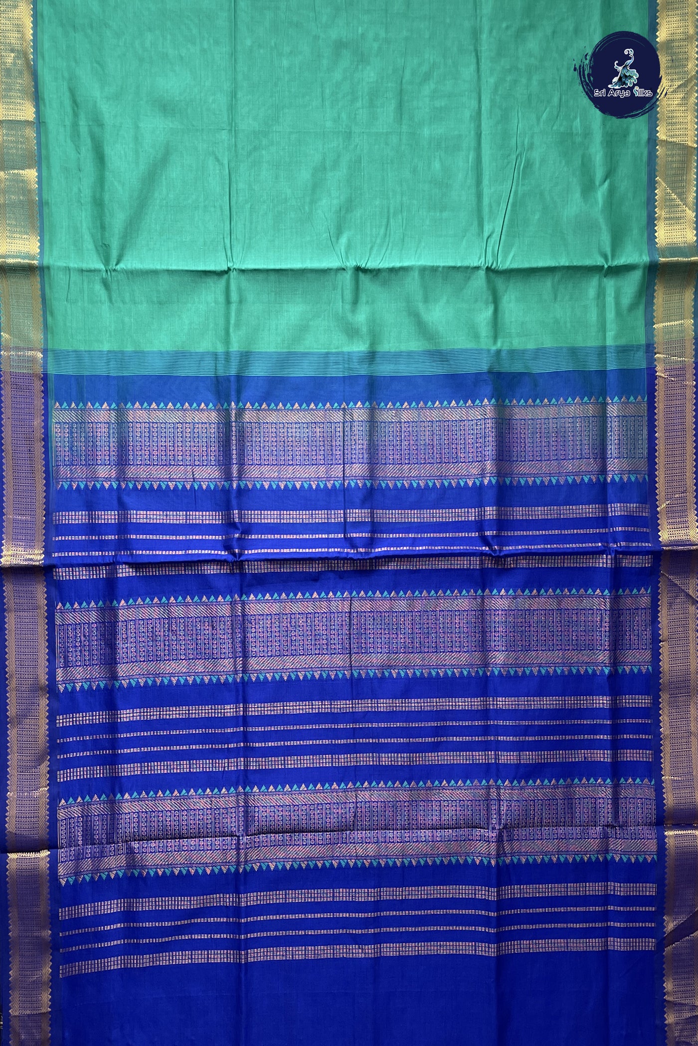 Bluish Green Simple Silk Cotton Saree With Plain Pattern