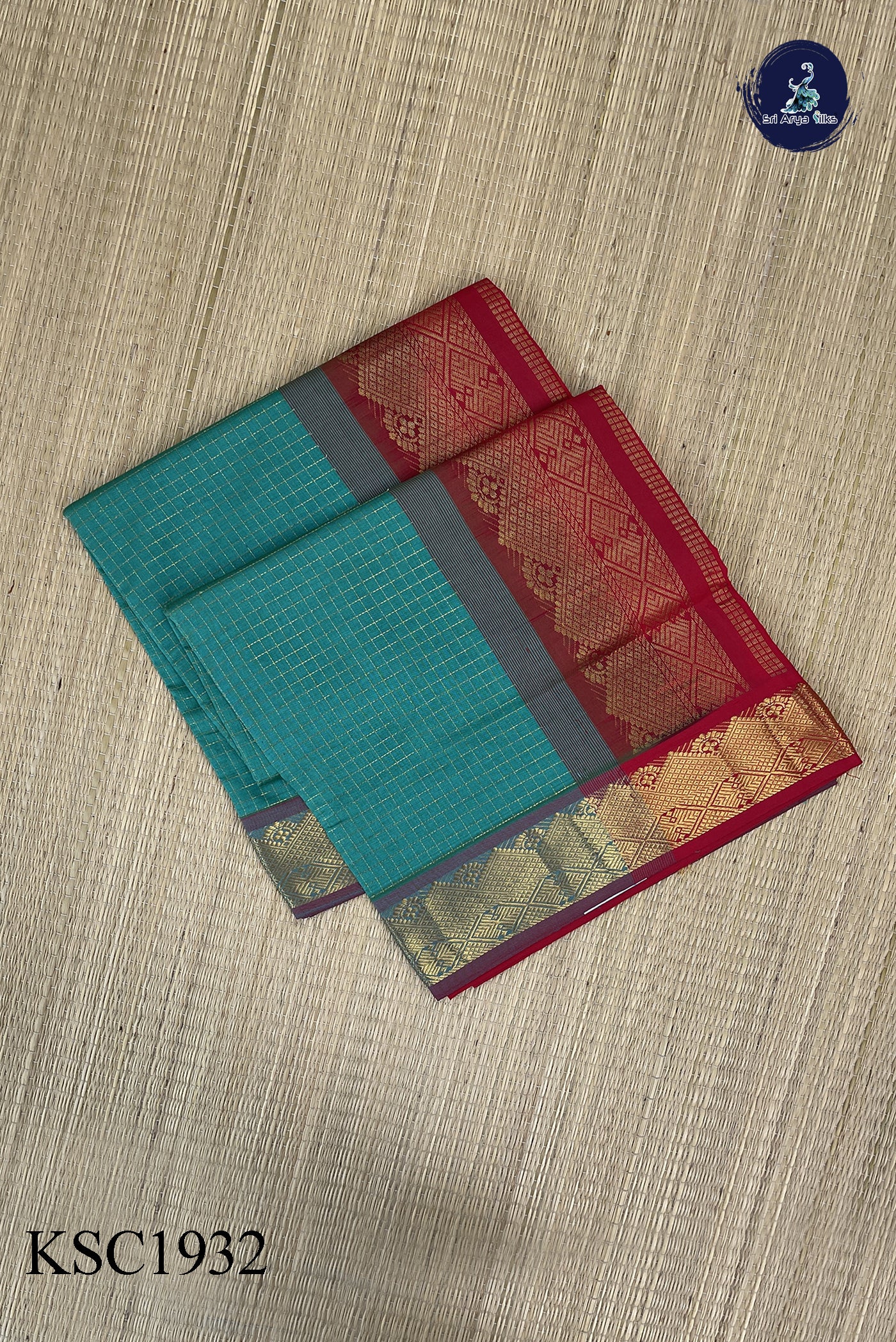 Bluish Green Checked Saree With Zari Checked Pattern