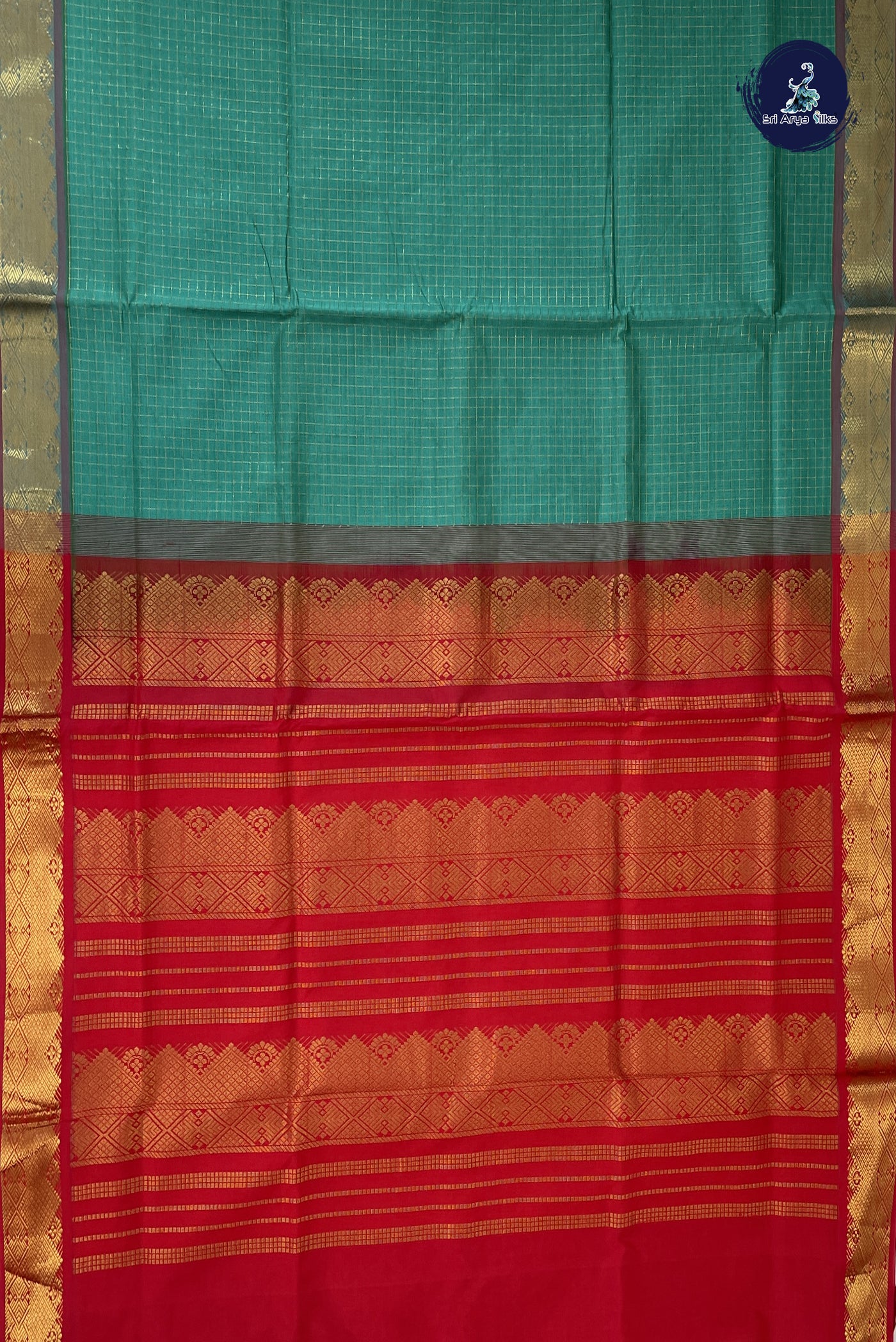 Bluish Green Checked Saree With Zari Checked Pattern