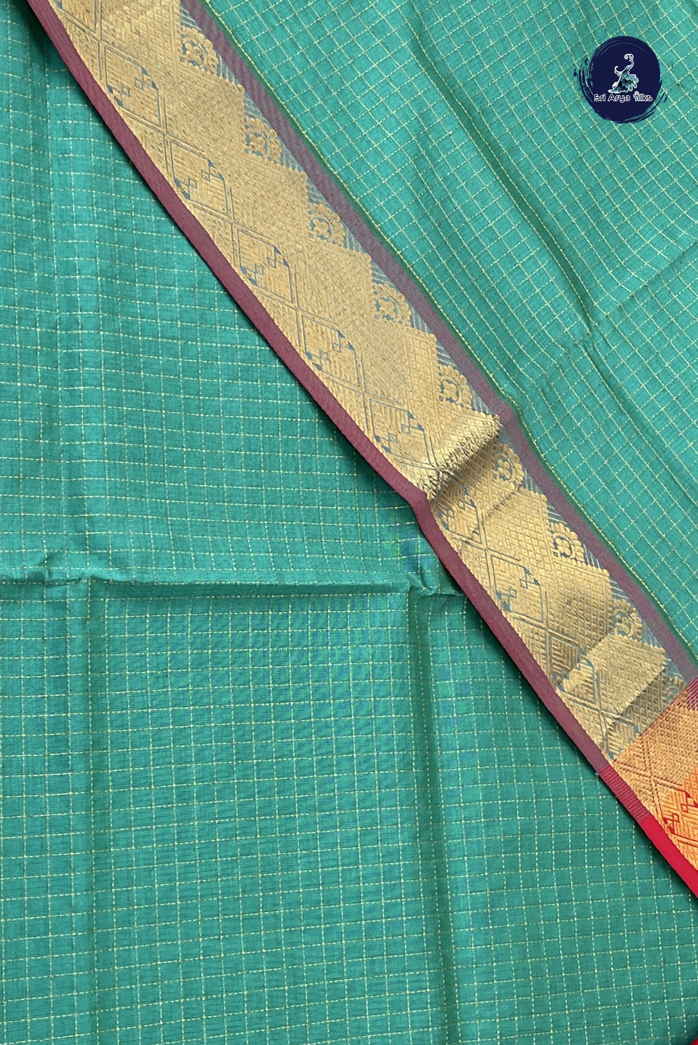 Bluish Green Checked Saree With Zari Checked Pattern