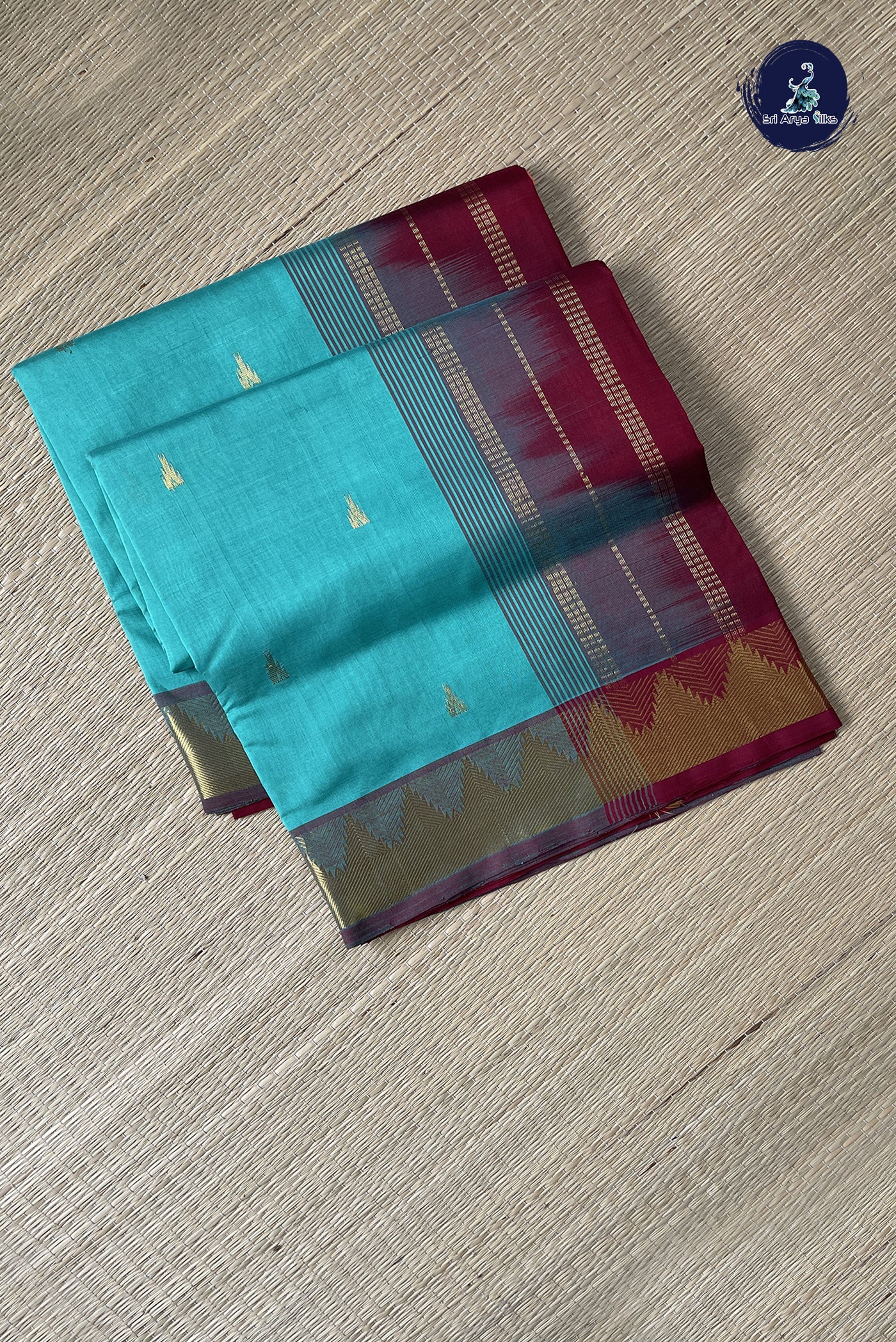 Sea Green Simple Silk Cotton Saree With Zari Checked Pattern