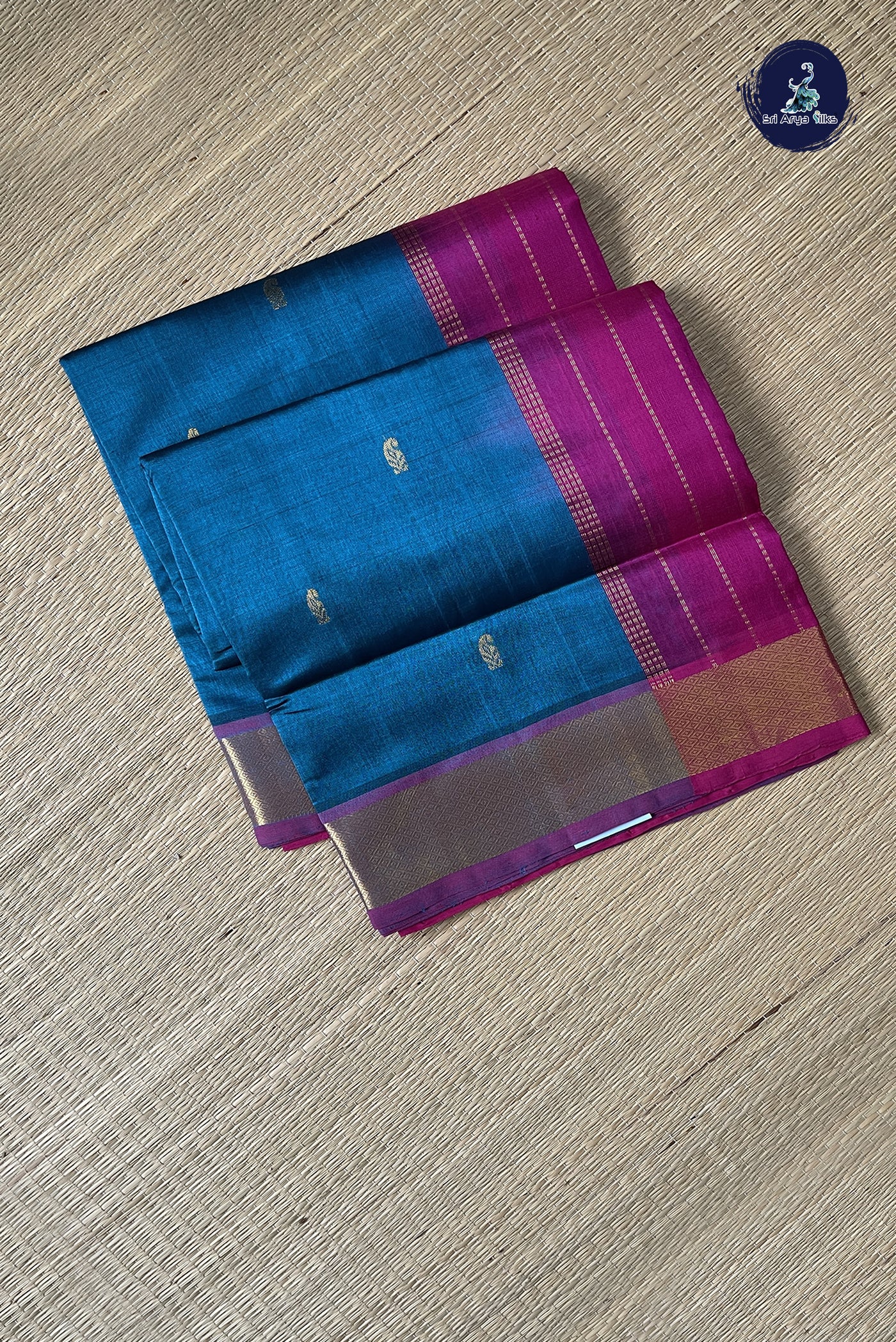 Peacock Blue Simple Silk Cotton Saree With Zari Checked Pattern