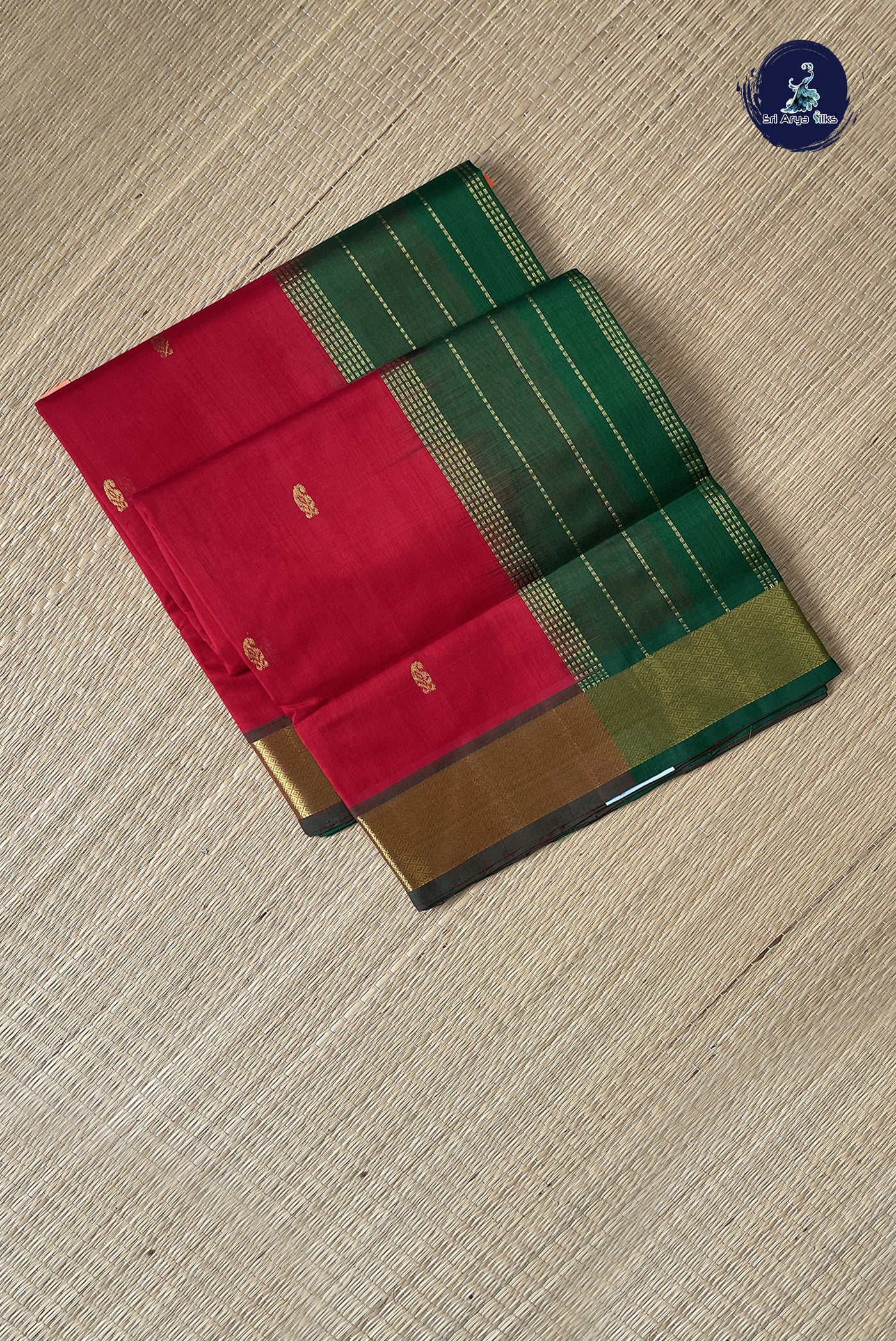 Tomato Red Simple Silk Cotton Saree With Zari Checked Pattern