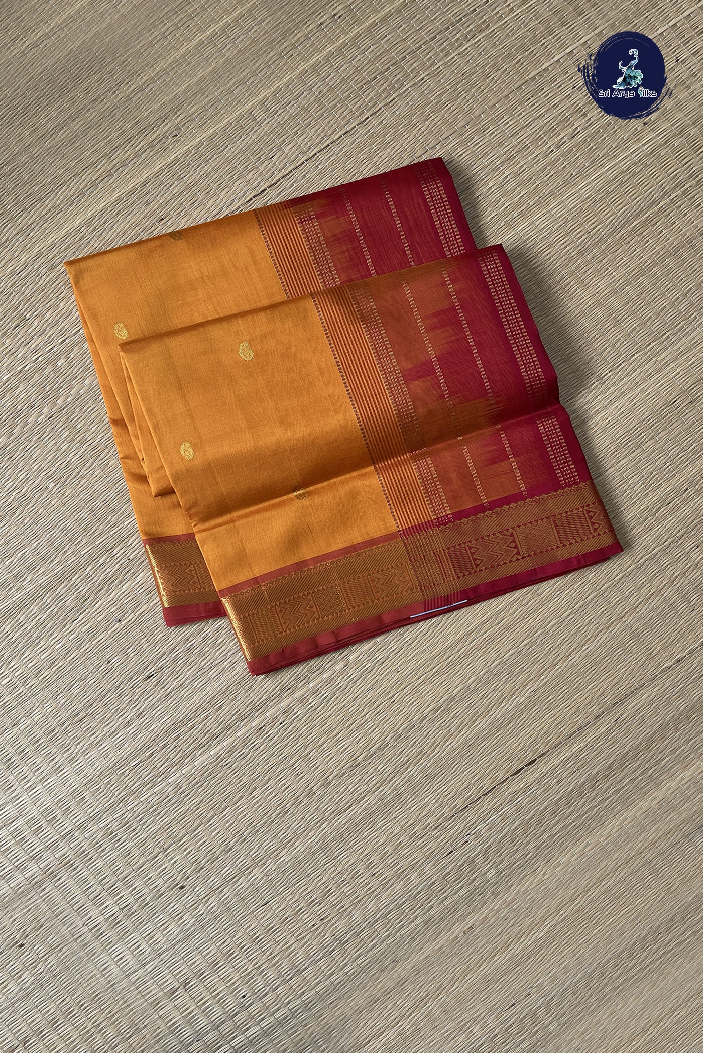 Yellowish Orange Simple Silk Cotton Saree With Zari Checked Pattern